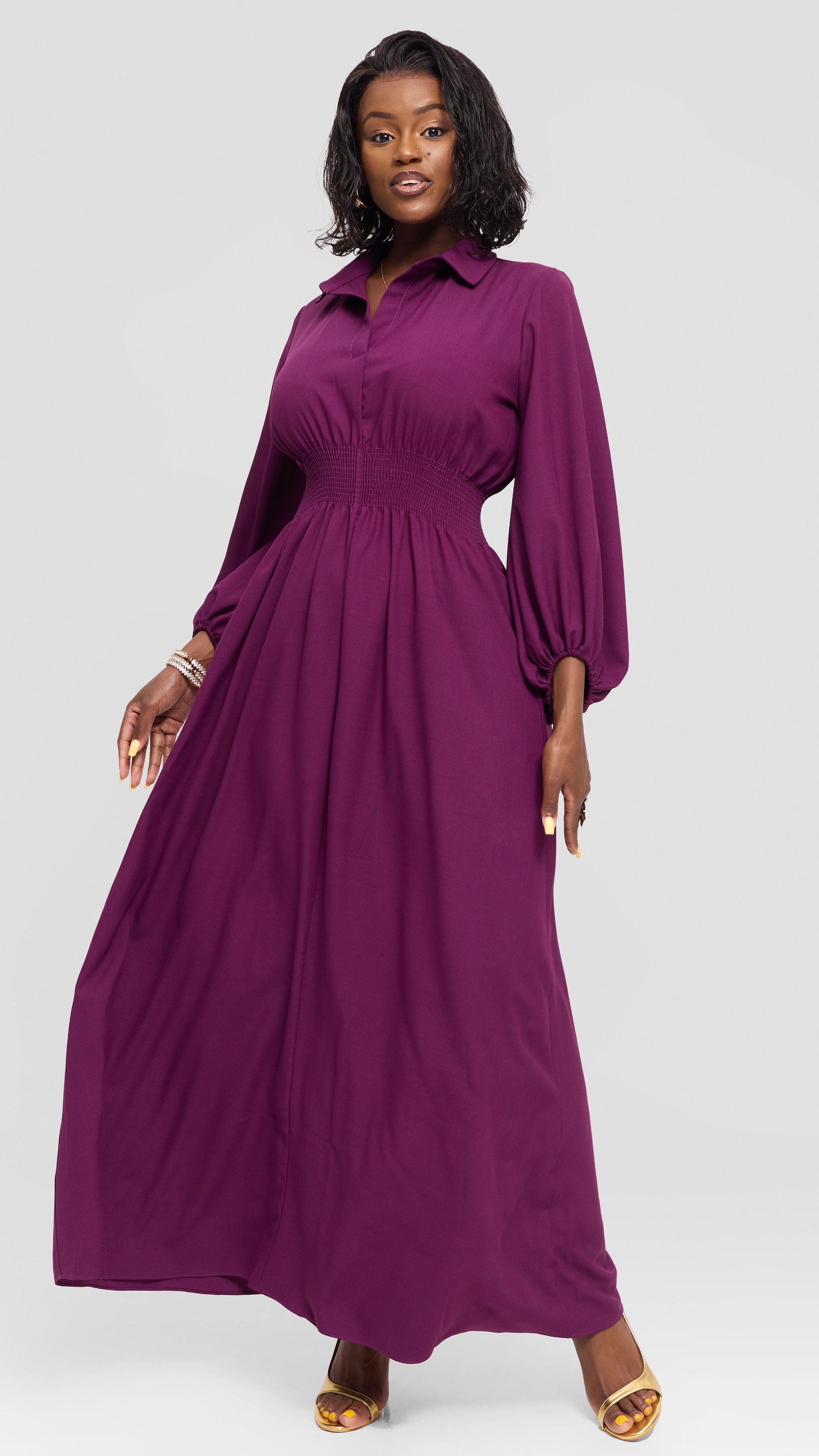Vivo Bishop Sleeve Shirred Maxi Dress in Crepe - Dark Purple