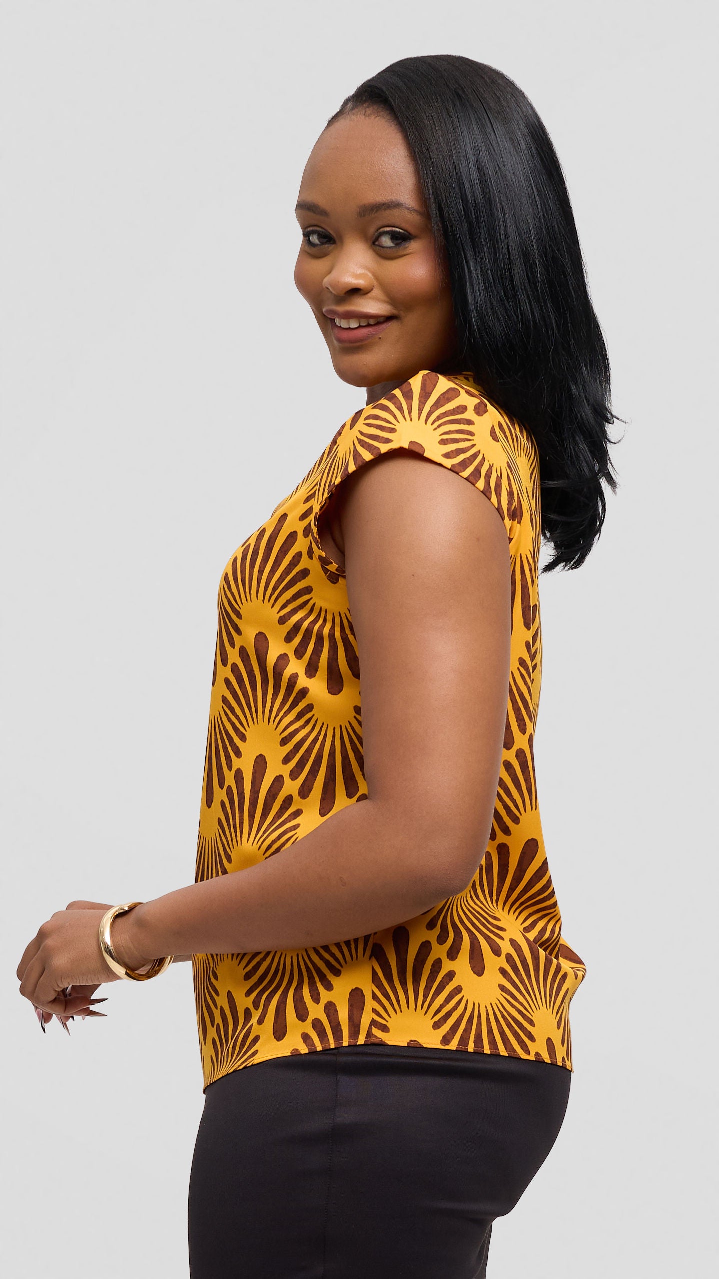 Vivo Basic Cap Sleeve Top in Crepe - Mustard / Dark Chocolate Witu Print