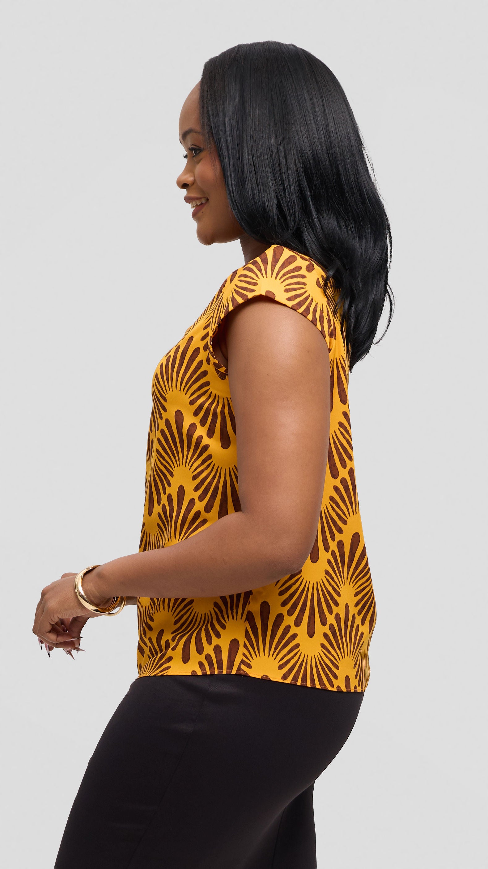 Vivo Basic Cap Sleeve Top in Crepe - Mustard / Dark Chocolate Witu Print