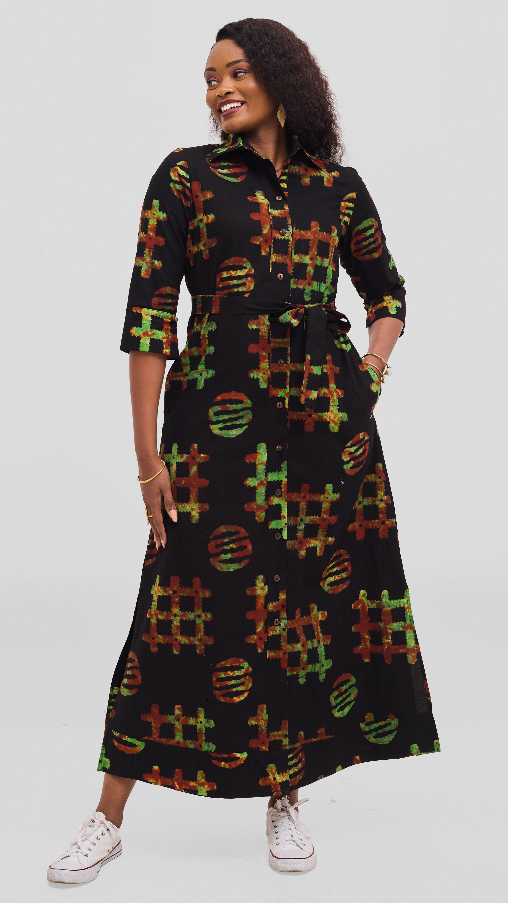Safari by Vivo Zehra 3/4 Sleeve Kitenge Maxi Dress - Black / Olive Vem