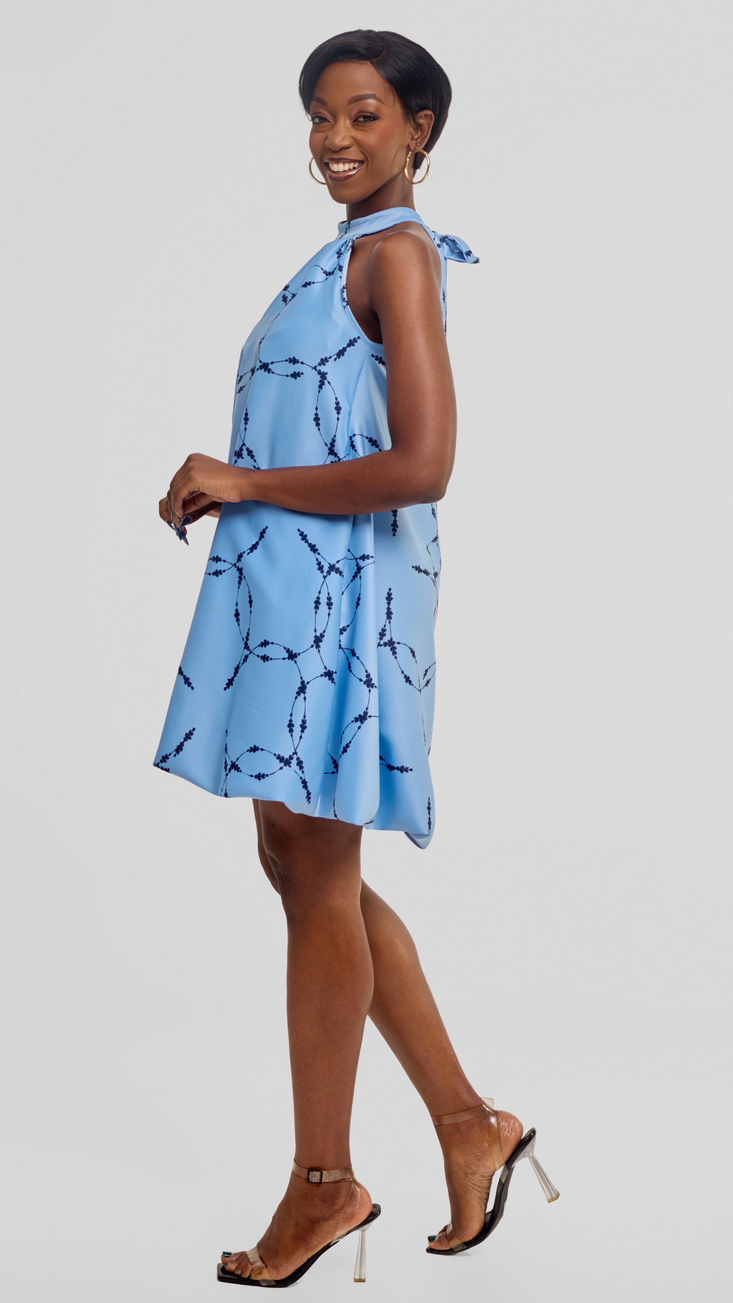 Vivo Iyana Bubble Mini Dress in Satin - Baby Blue / Navy Shina Print 