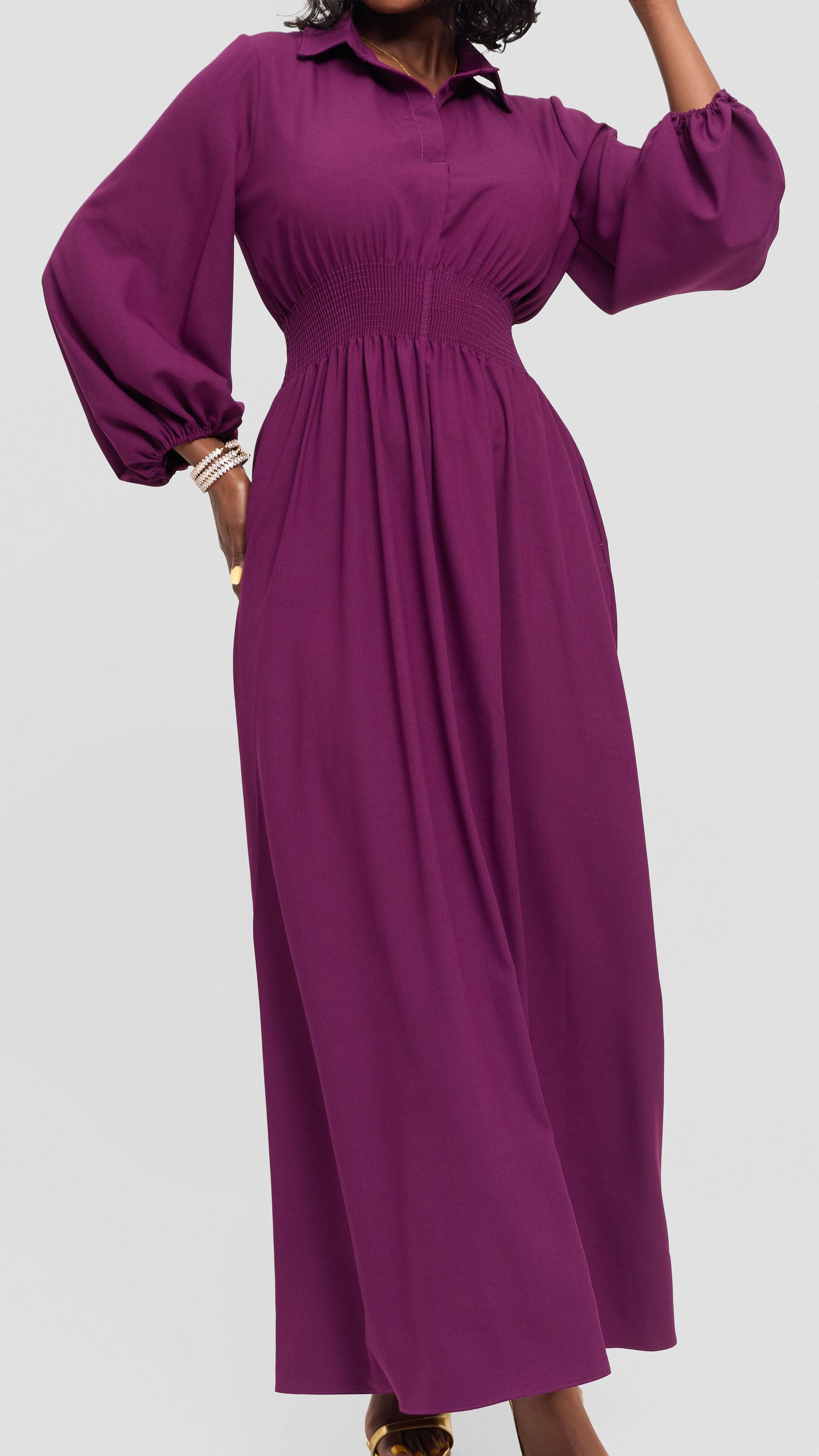 Vivo Bishop Sleeve Shirred Maxi Dress in Crepe - Dark Purple