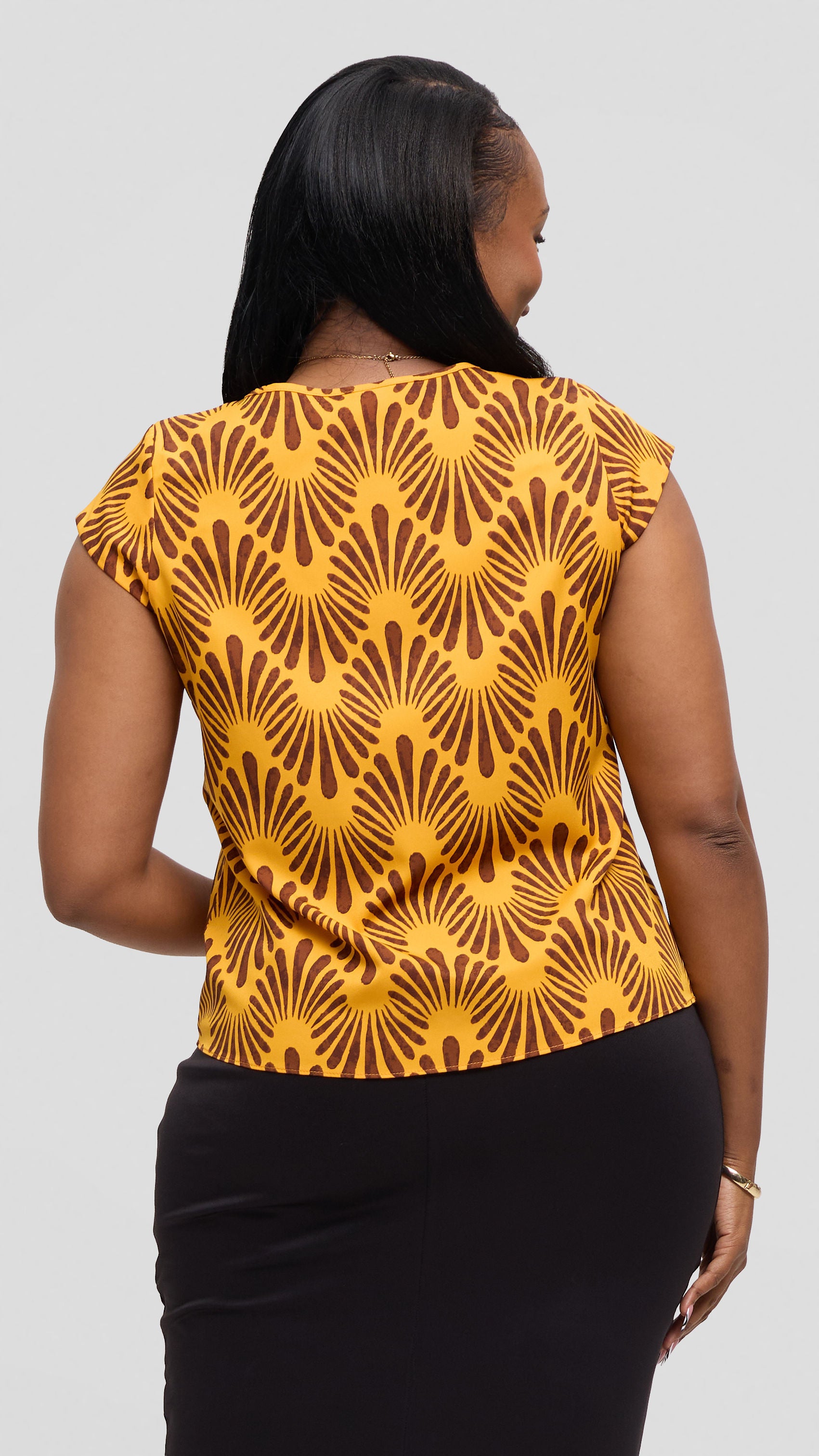 Vivo Basic Cap Sleeve Top in Crepe - Mustard / Dark Chocolate Witu Print