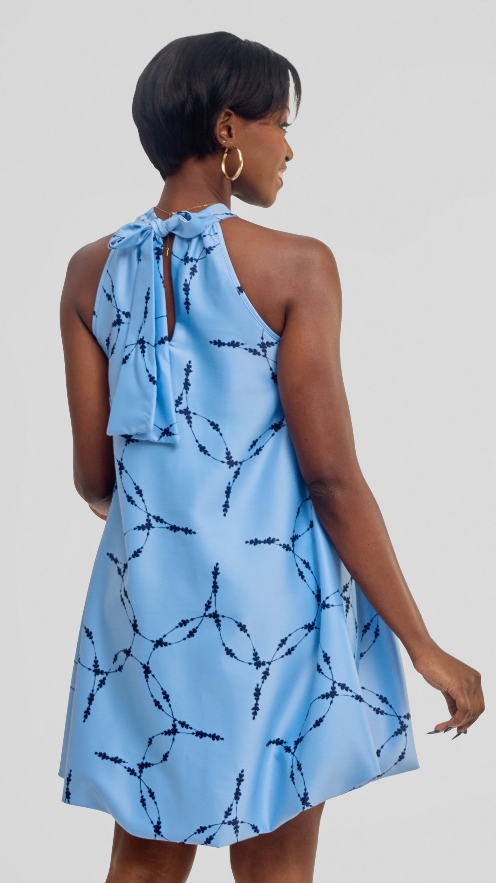 Vivo Iyana Bubble Mini Dress in Satin - Baby Blue / Navy Shina Print 