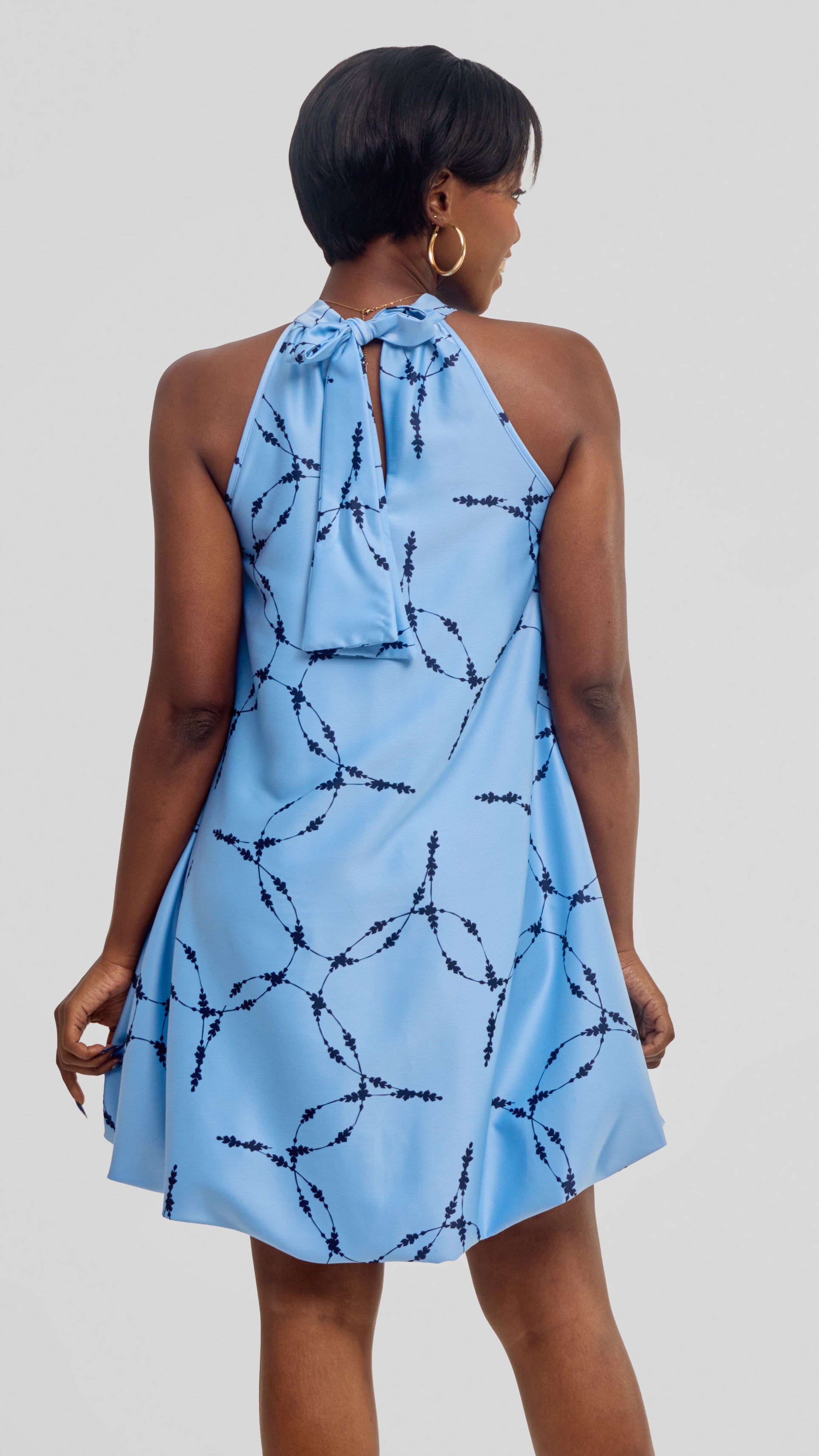 Vivo Iyana Bubble Mini Dress in Satin - Baby Blue / Navy Shina Print 
