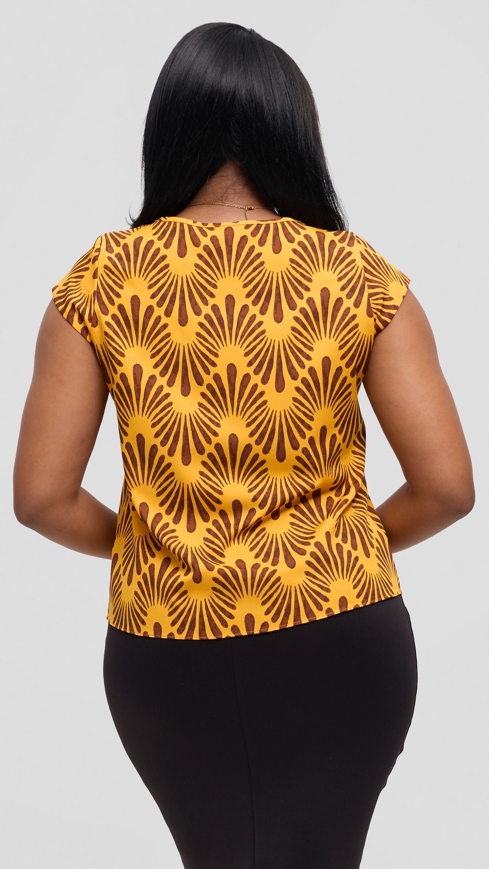 Vivo Basic Cap Sleeve Top in Crepe - Mustard / Dark Chocolate Witu Print