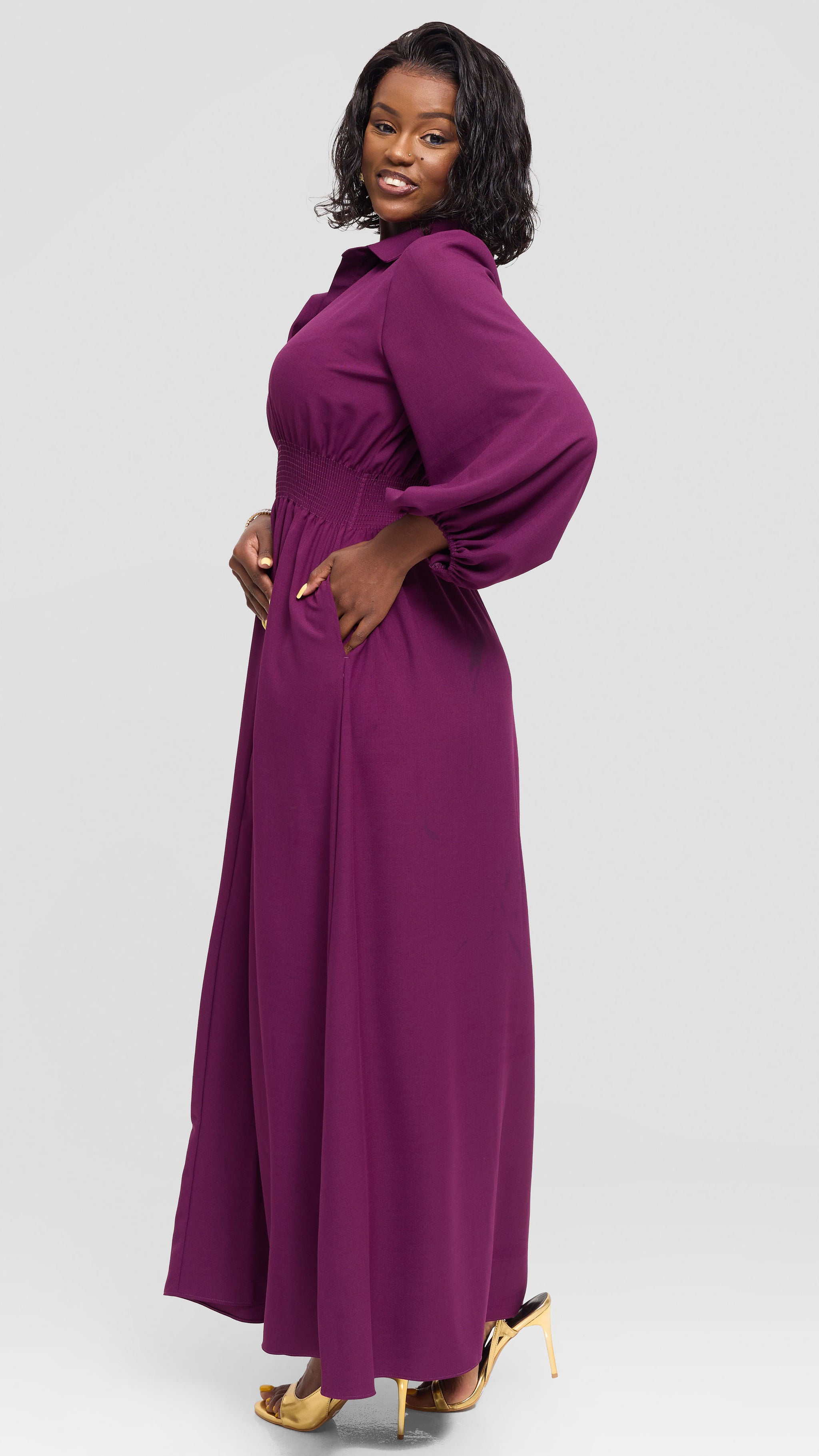 Vivo Bishop Sleeve Shirred Maxi Dress in Crepe - Dark Purple