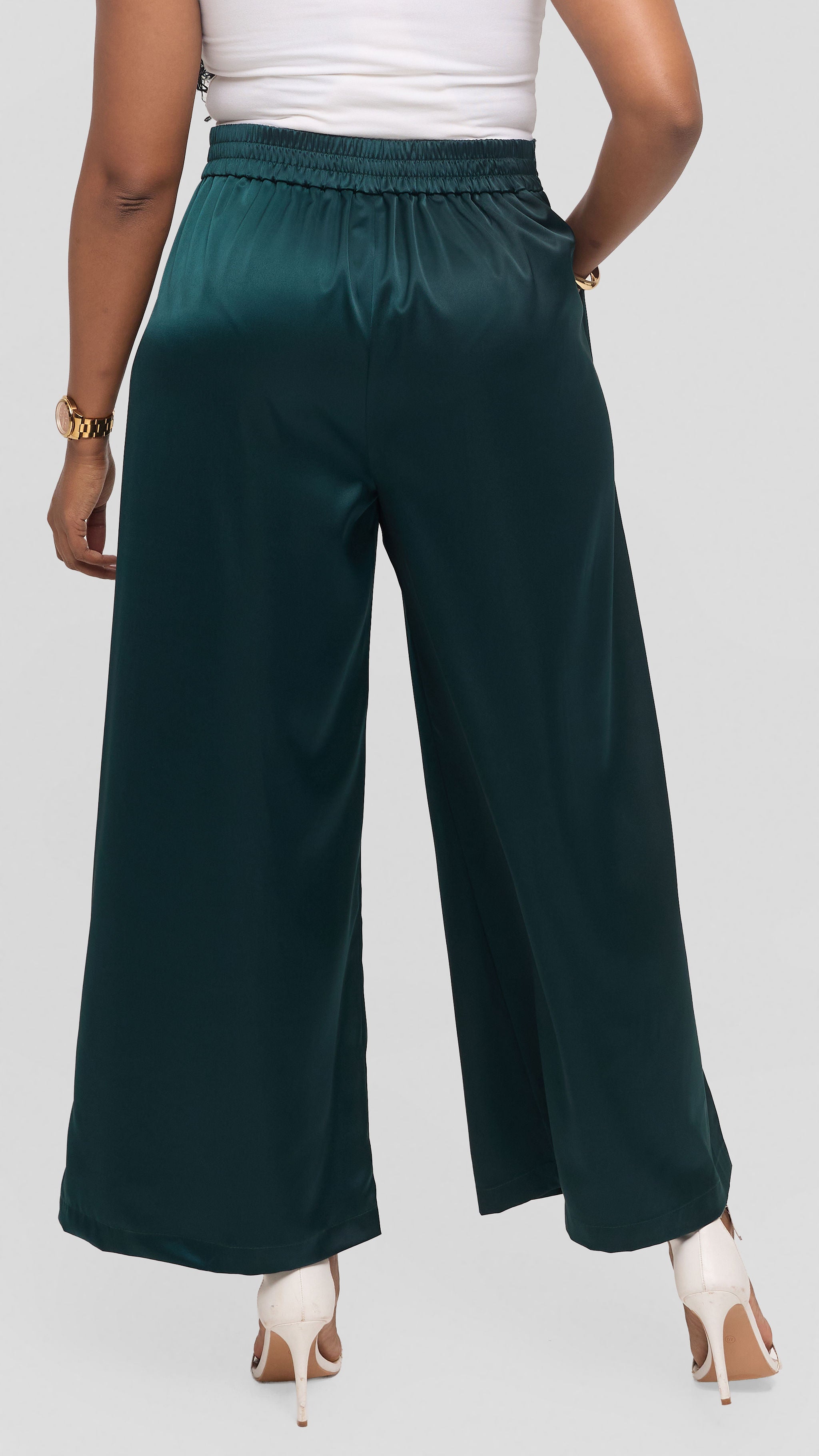 Vivo Gathered Waist Pants in Satin - Dark Green
