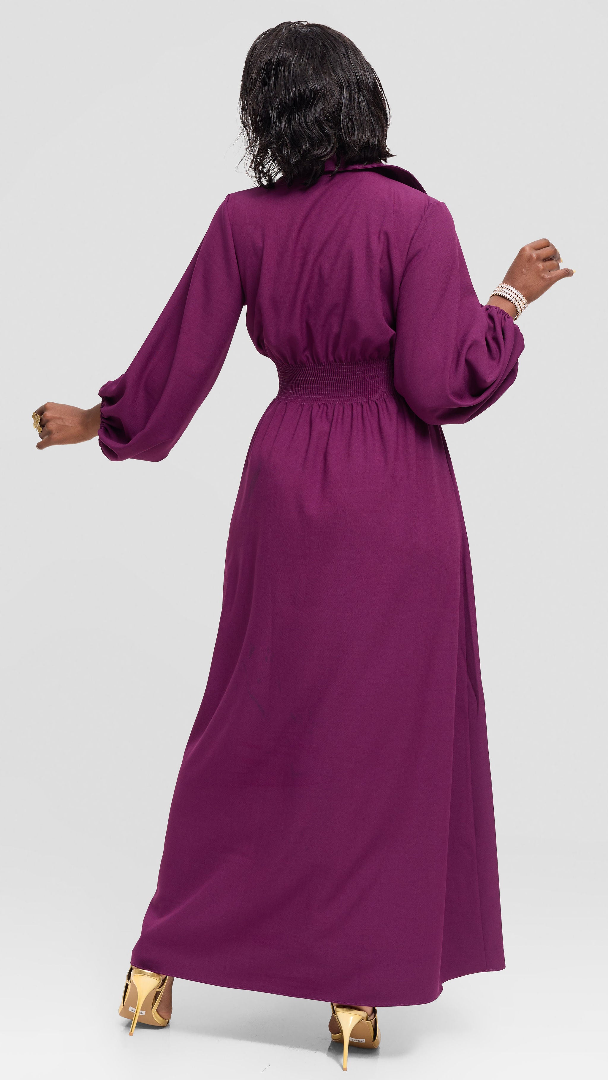 Vivo Bishop Sleeve Shirred Maxi Dress in Crepe - Dark Purple