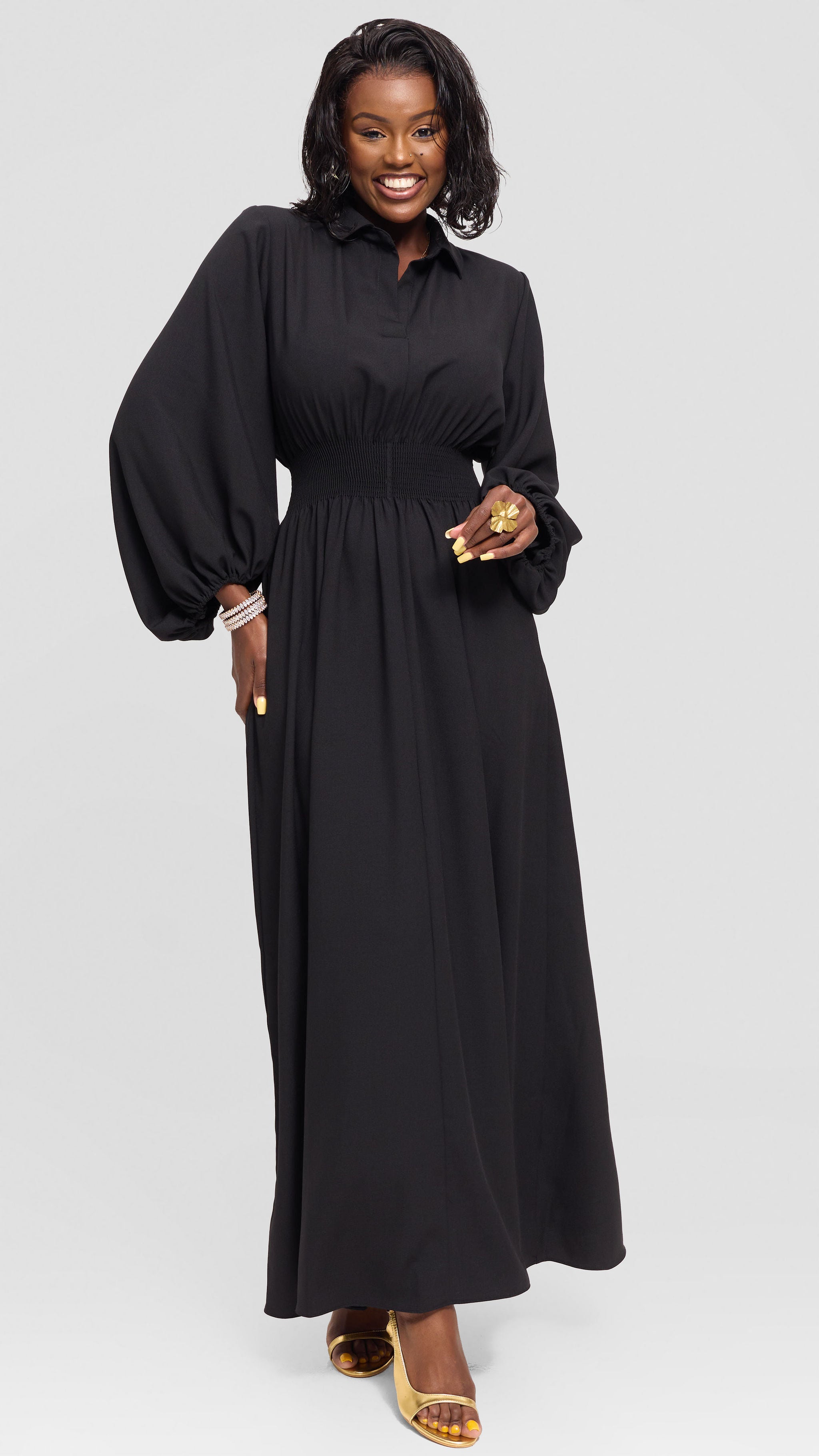 Vivo Bishop Sleeve Shirred Maxi Dress in Crepe - Black