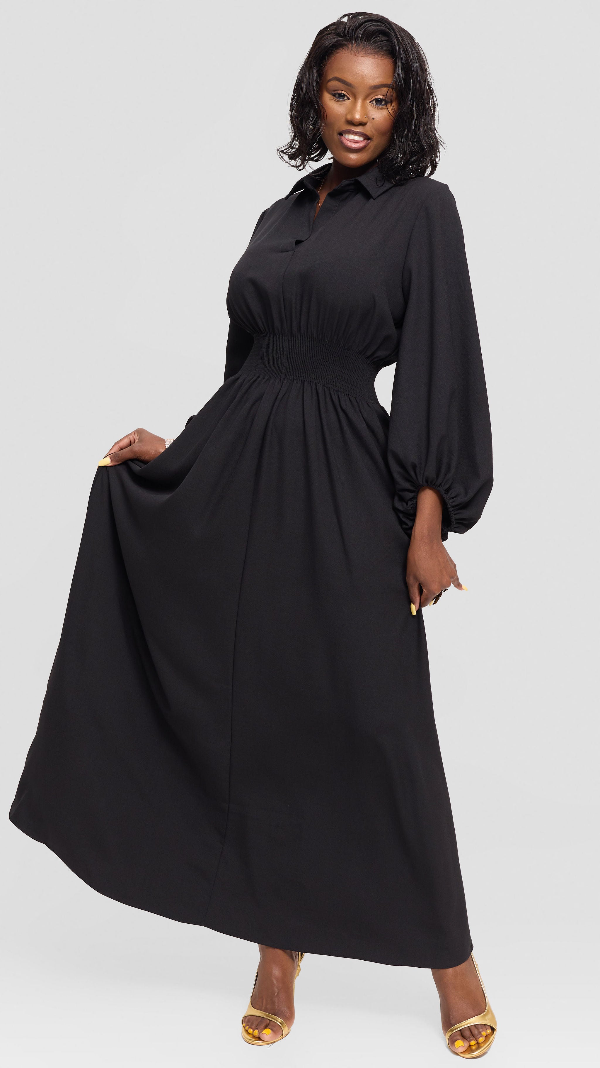 Vivo Bishop Sleeve Shirred Maxi Dress in Crepe - Black