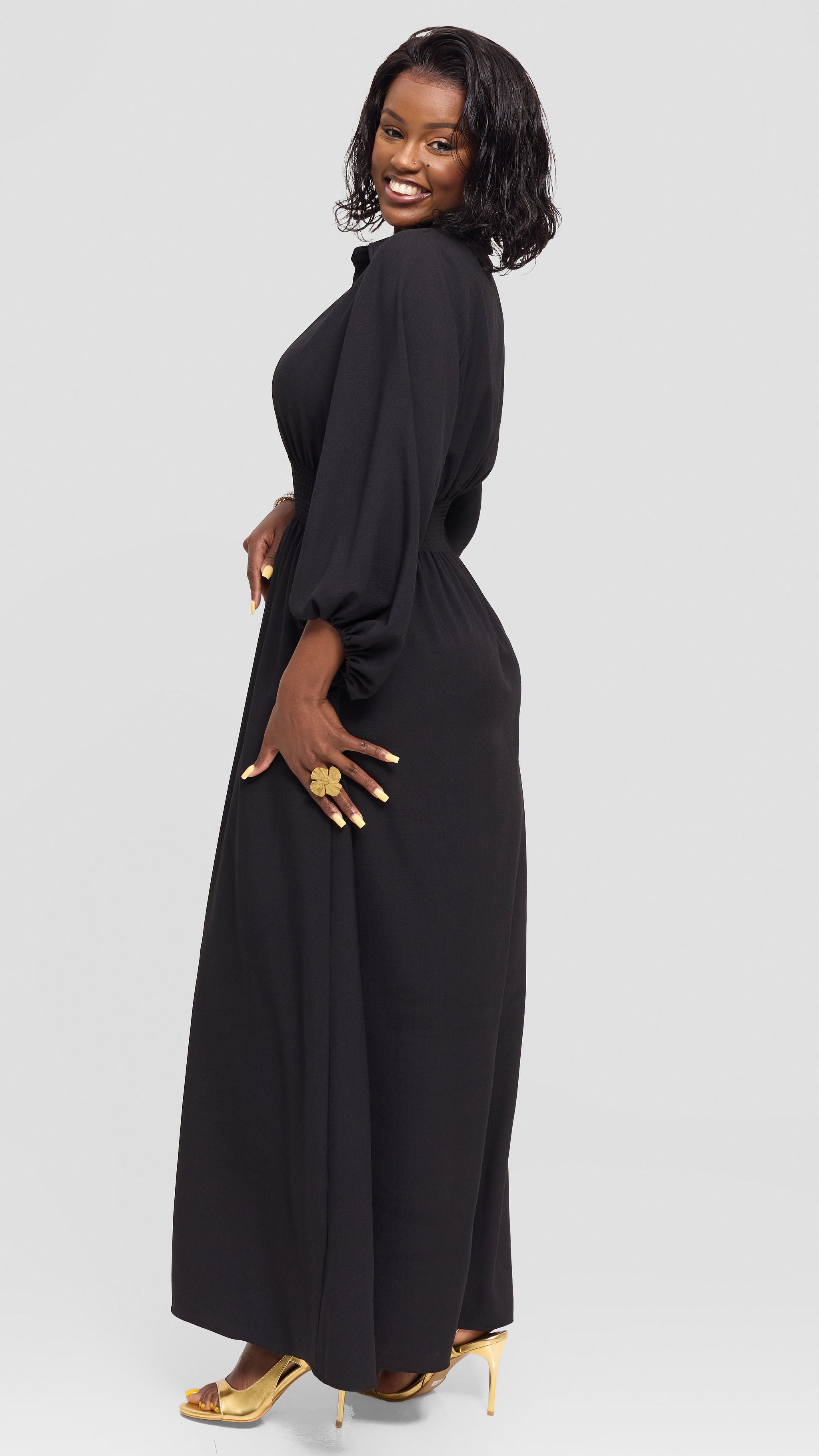 Vivo Bishop Sleeve Shirred Maxi Dress in Crepe - Black