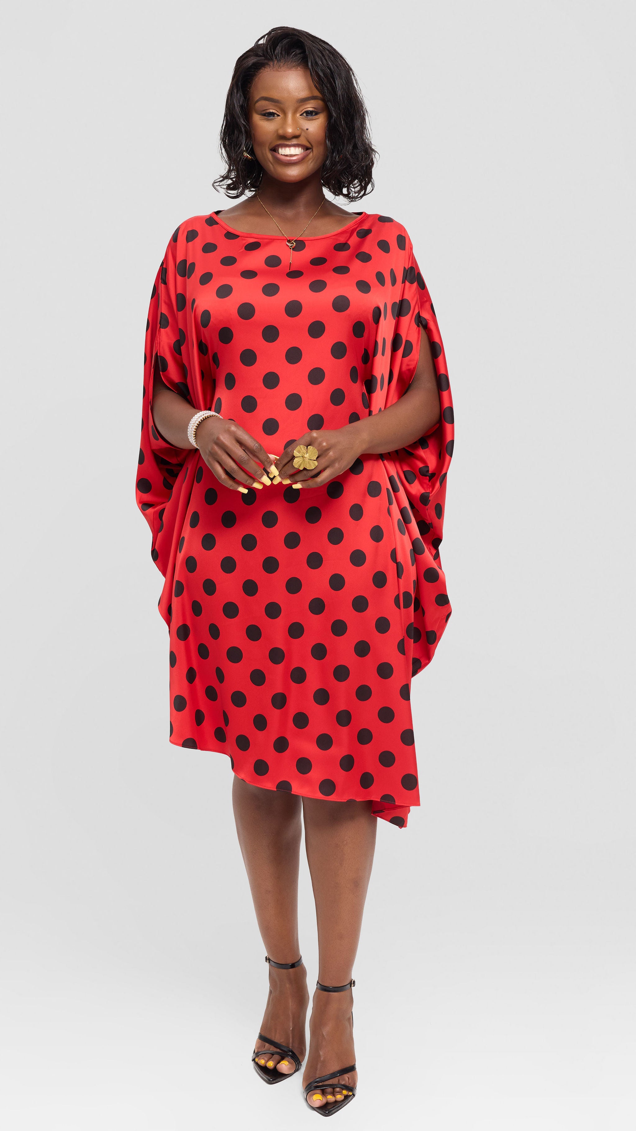 Vivo Asymmetrical Dolman Dress in Satin - Red / Black Polka Dot