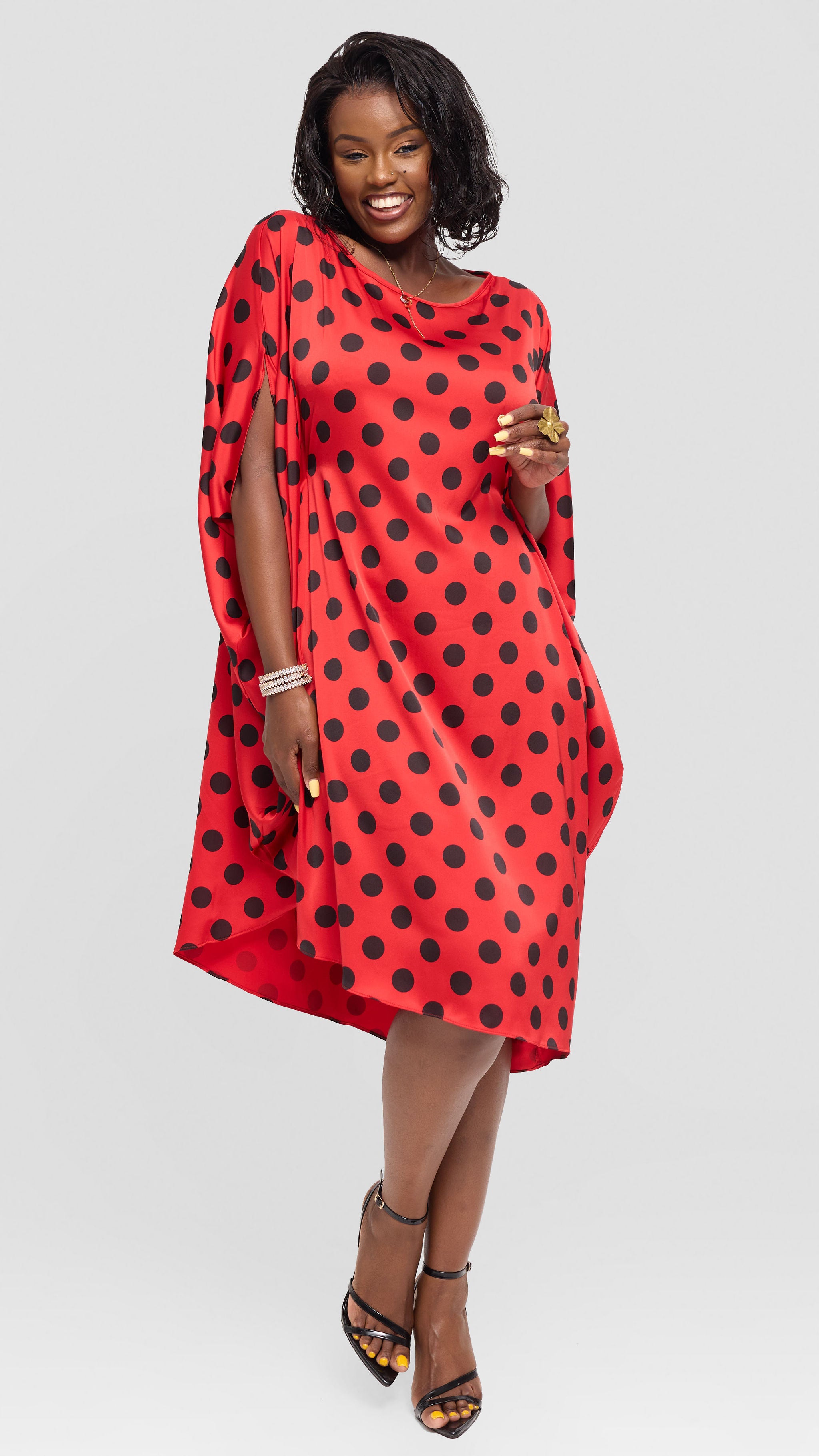 Vivo Asymmetrical Dolman Dress in Satin - Red / Black Polka Dot