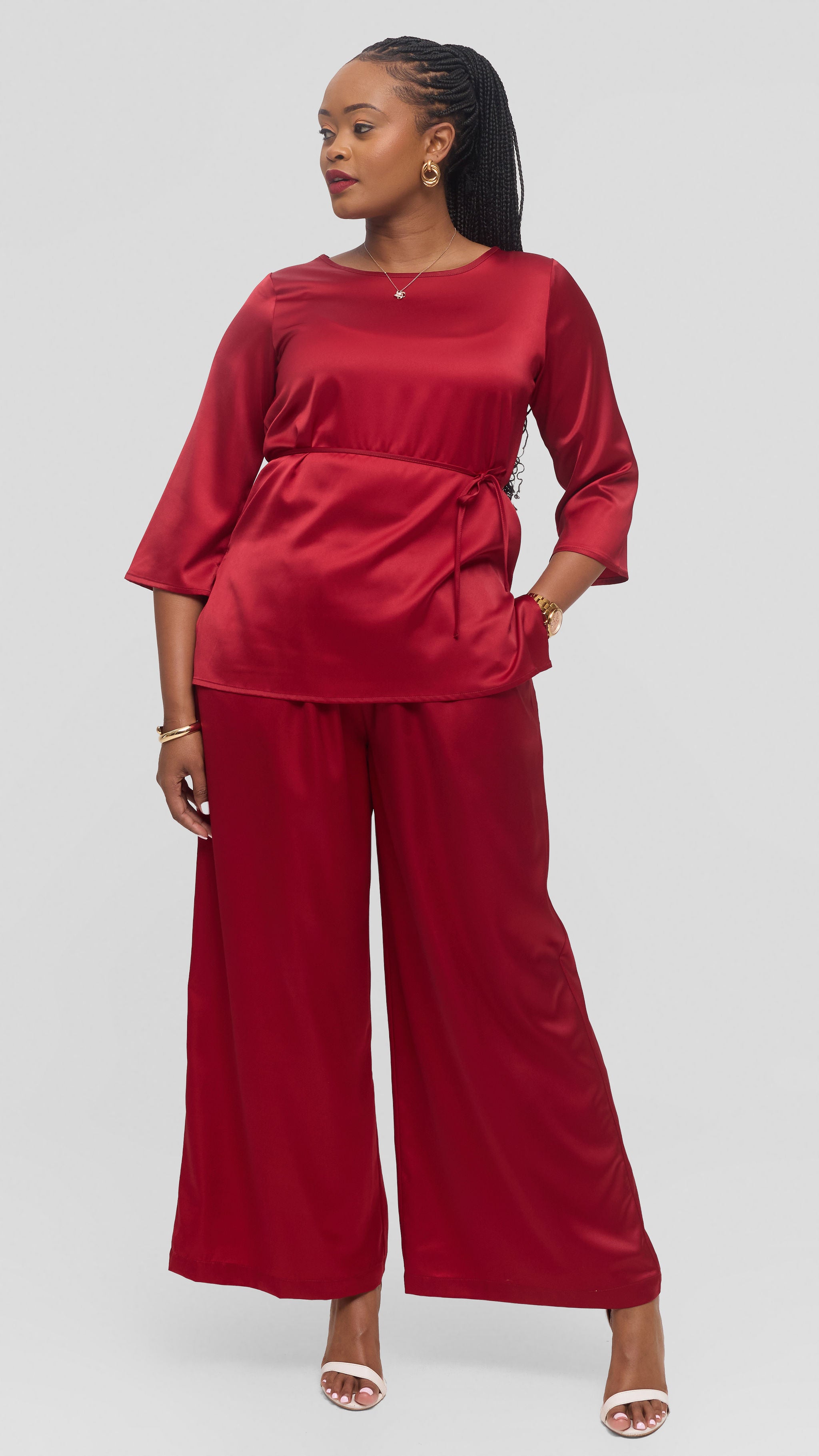 Vivo Gathered Waist Pants in Satin - Dark Red