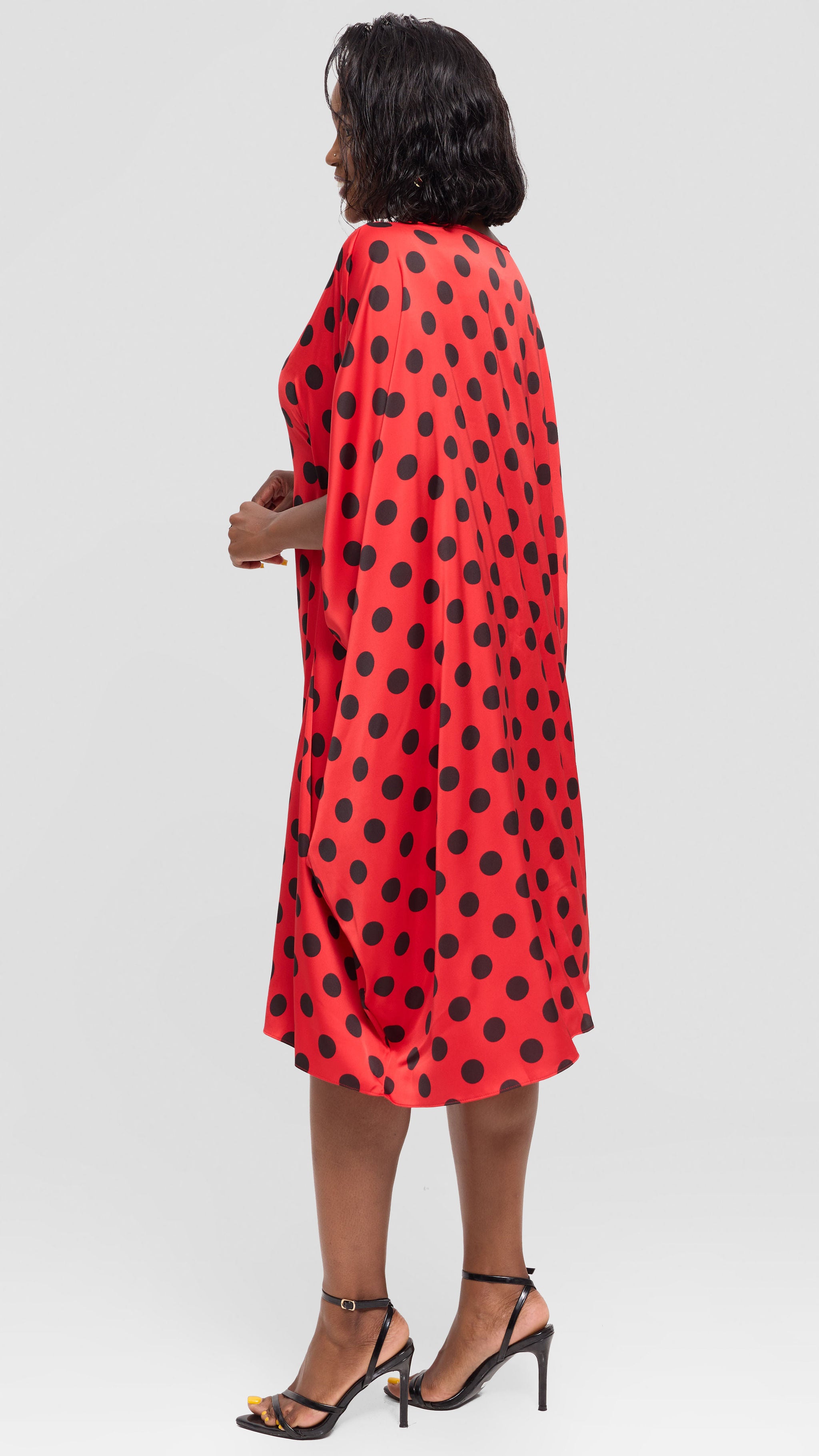 Vivo Asymmetrical Dolman Dress in Satin - Red / Black Polka Dot