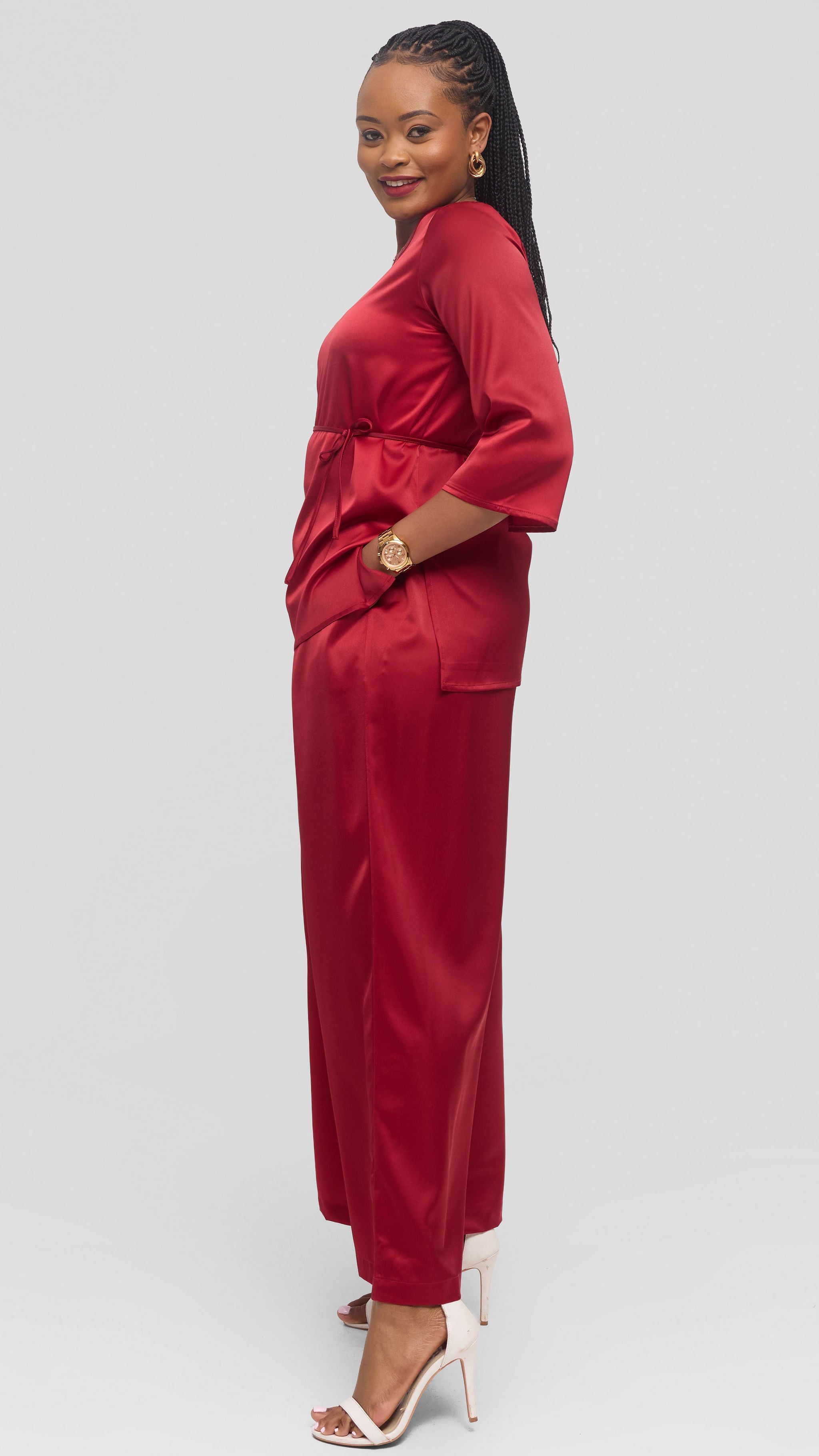 Vivo Gathered Waist Pants in Satin - Dark Red