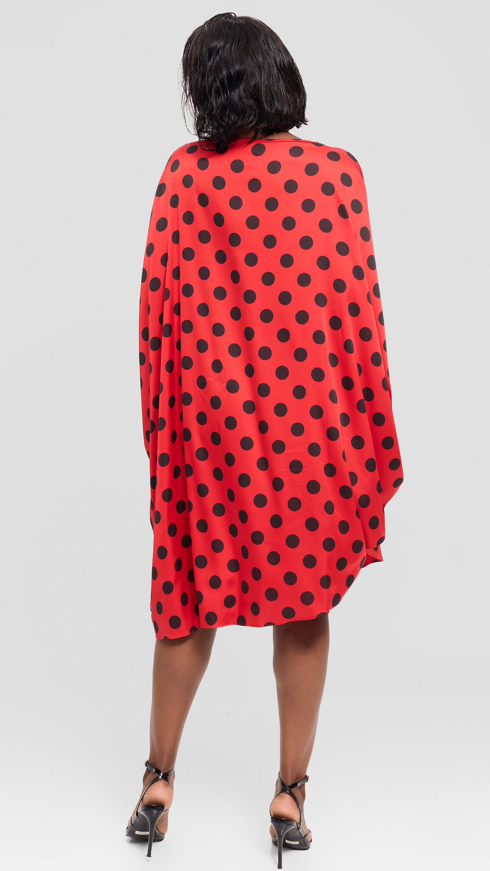 Vivo Asymmetrical Dolman Dress in Satin - Red / Black Polka Dot