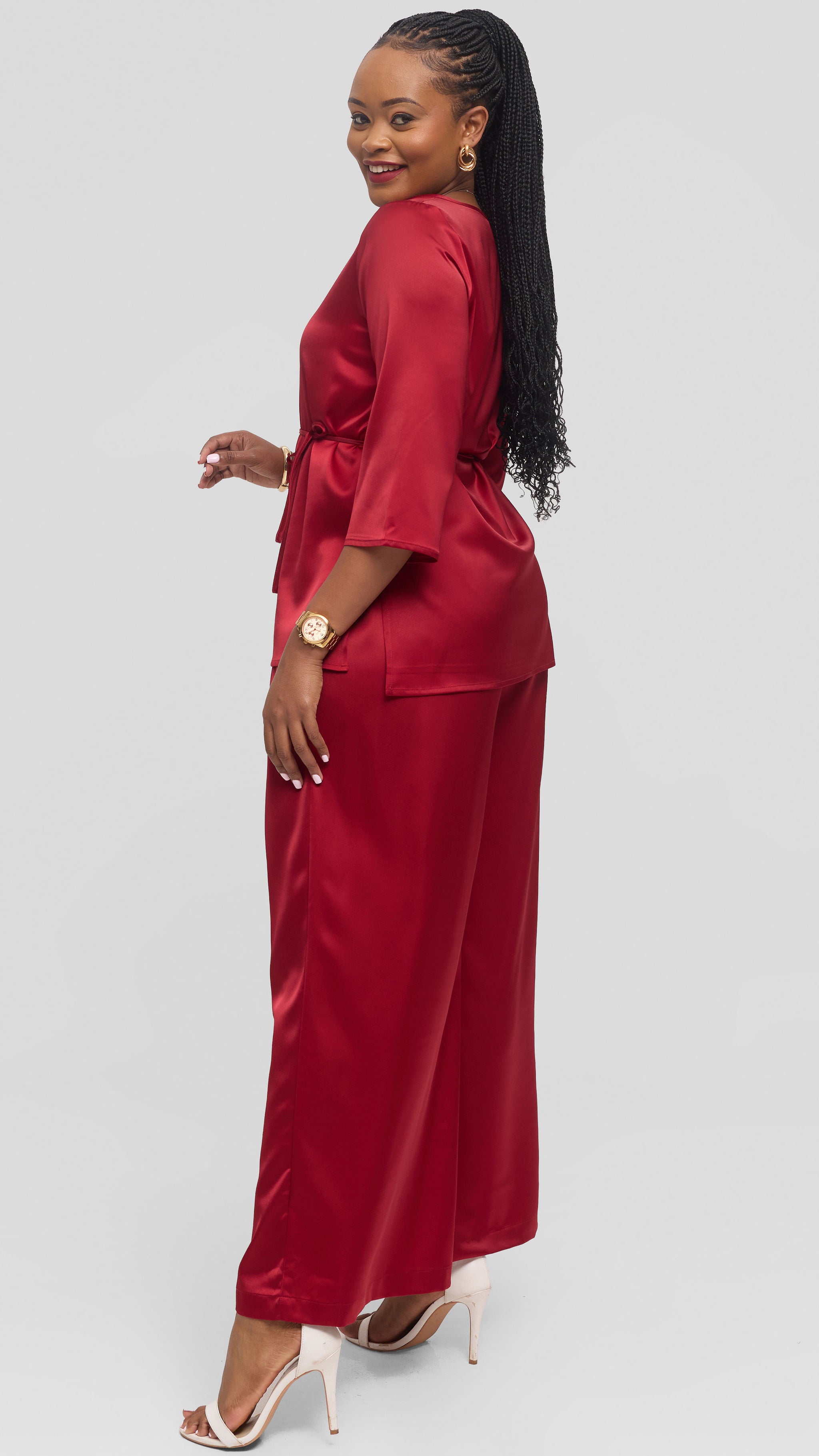 Vivo Gathered Waist Pants in Satin - Dark Red