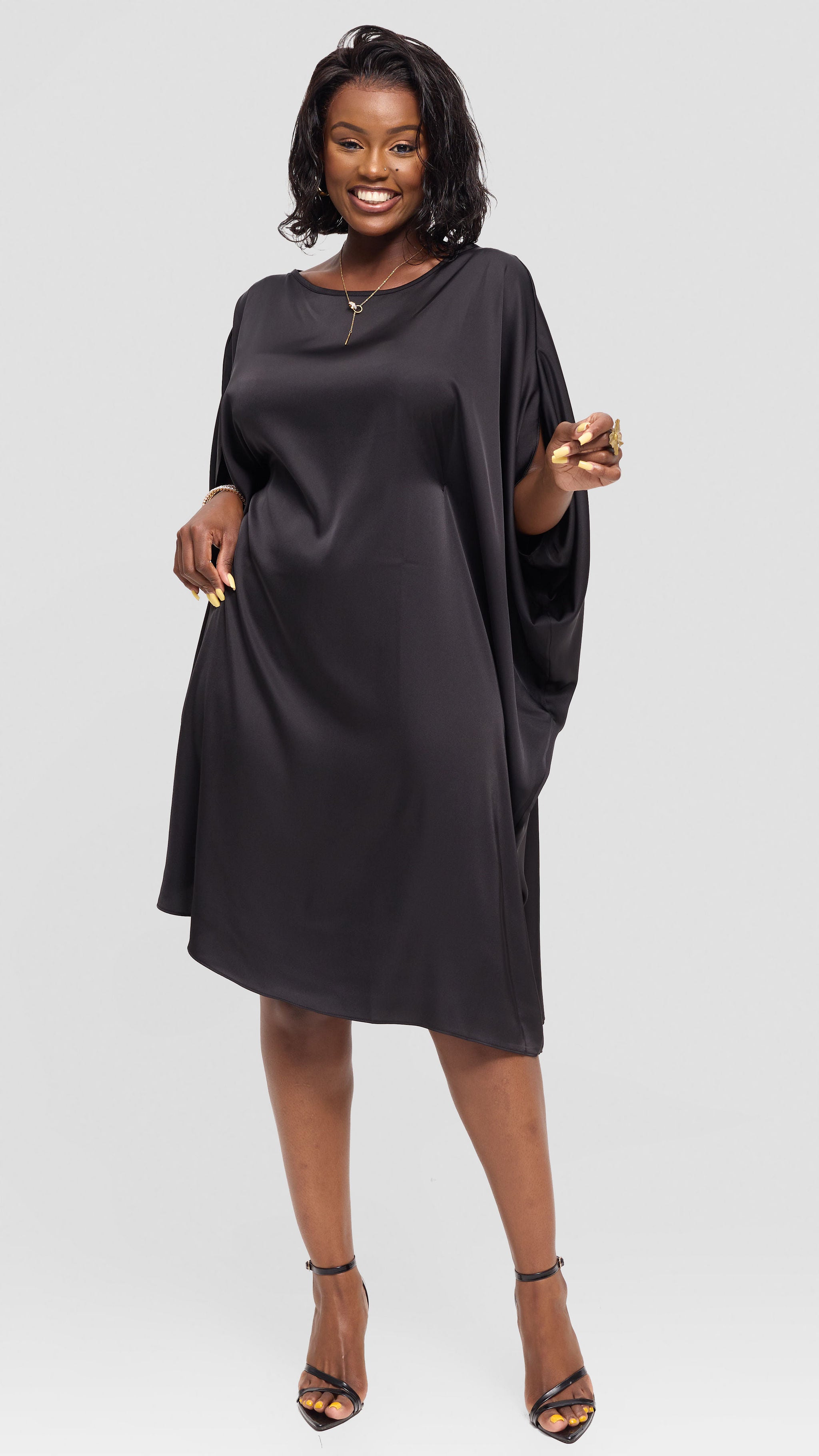 Vivo Asymmetrical Dolman Dress in Satin - Black