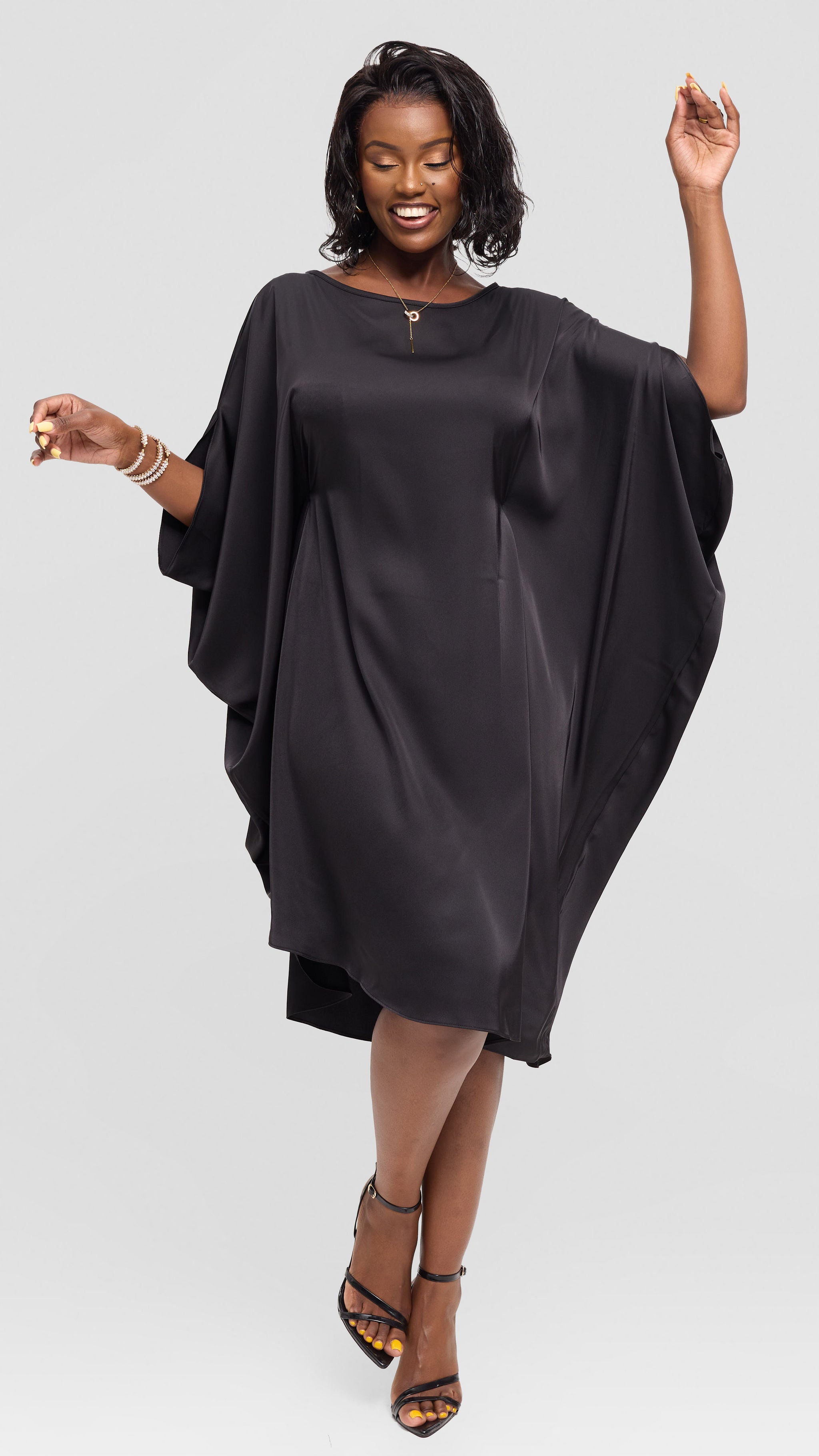 Vivo Asymmetrical Dolman Dress in Satin - Black