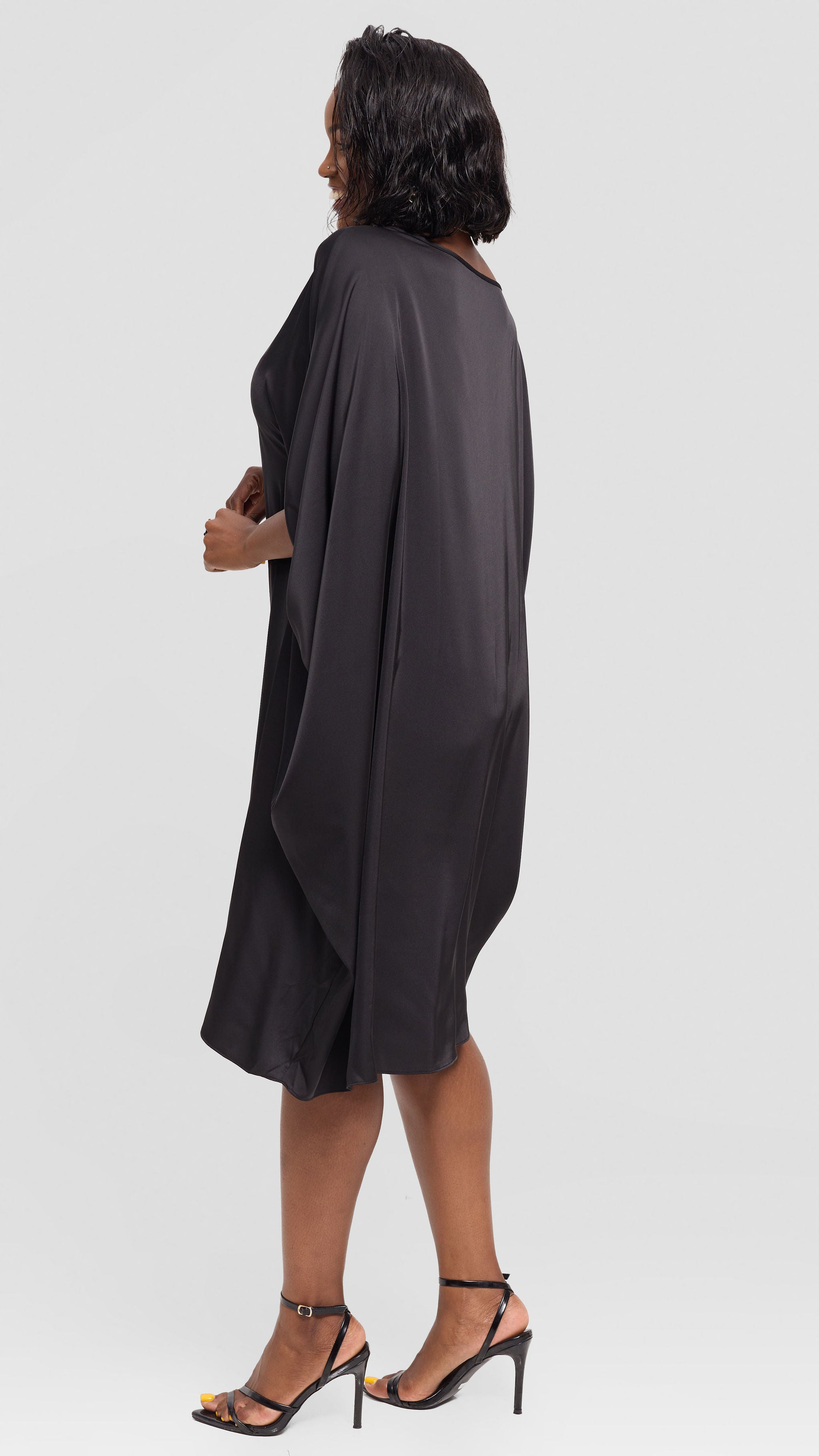 Vivo Asymmetrical Dolman Dress in Satin - Black