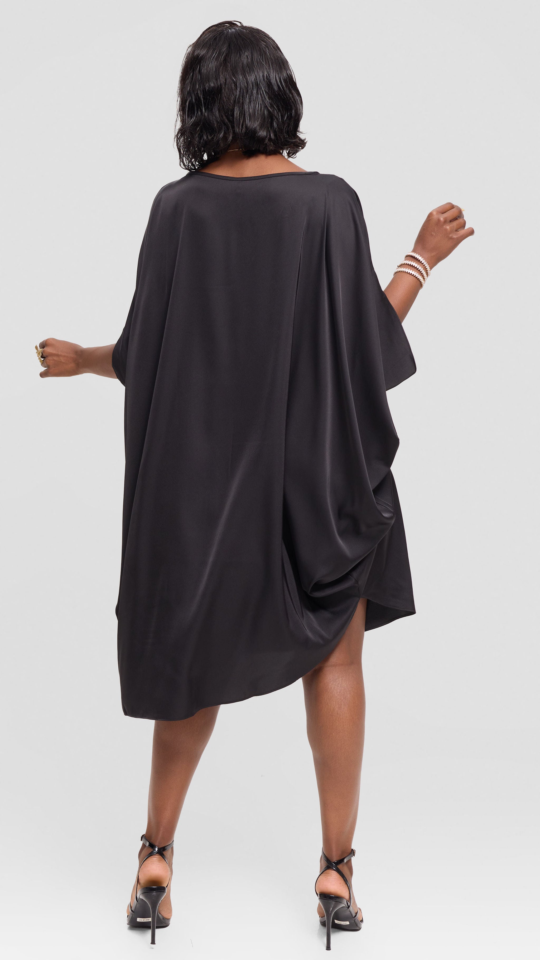 Vivo Asymmetrical Dolman Dress in Satin - Black