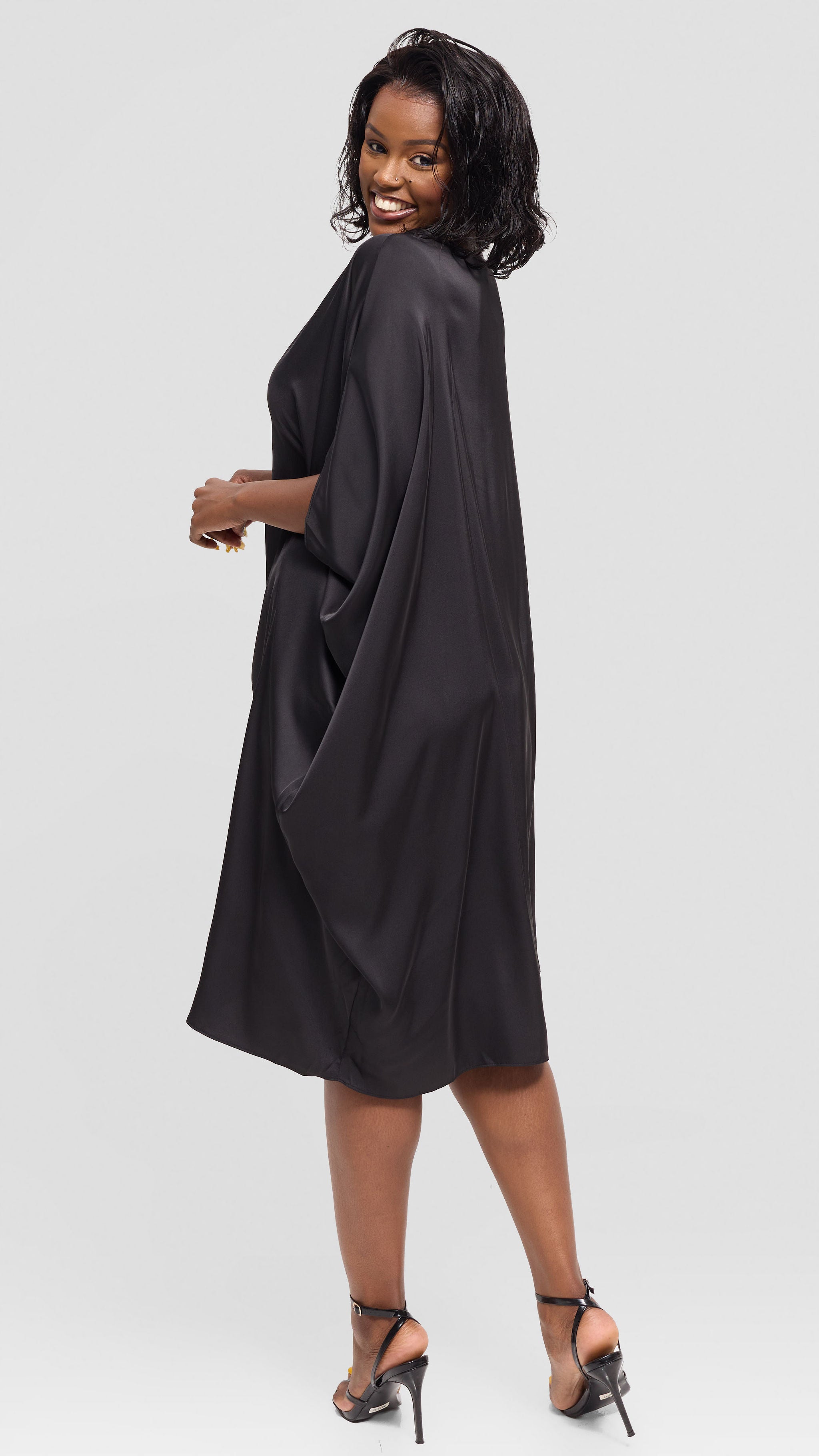 Vivo Asymmetrical Dolman Dress in Satin - Black