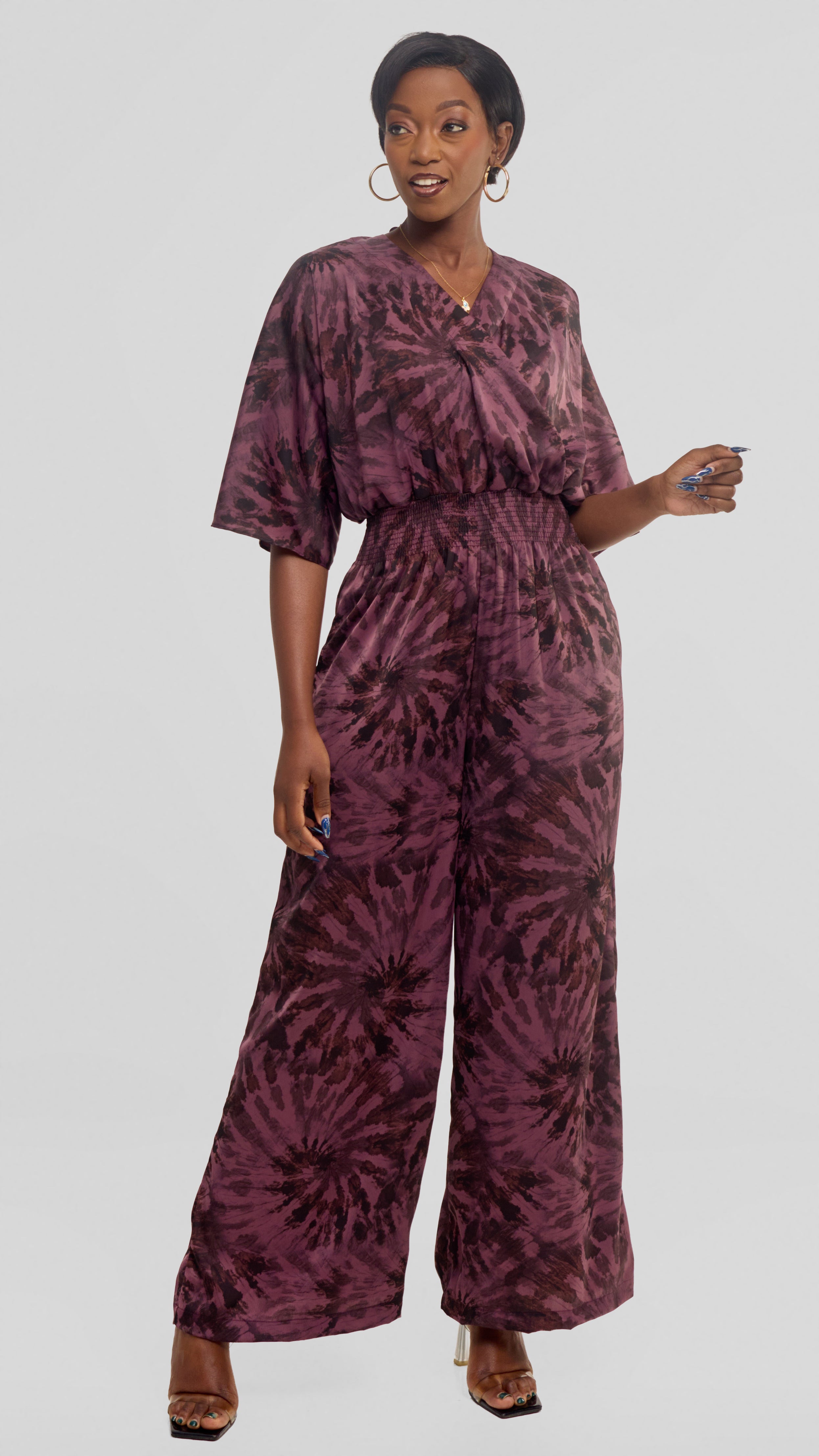 Vivo Iyana Shirred Waist Jumpsuit in Textured Satin - Rose Pink / Brown Print