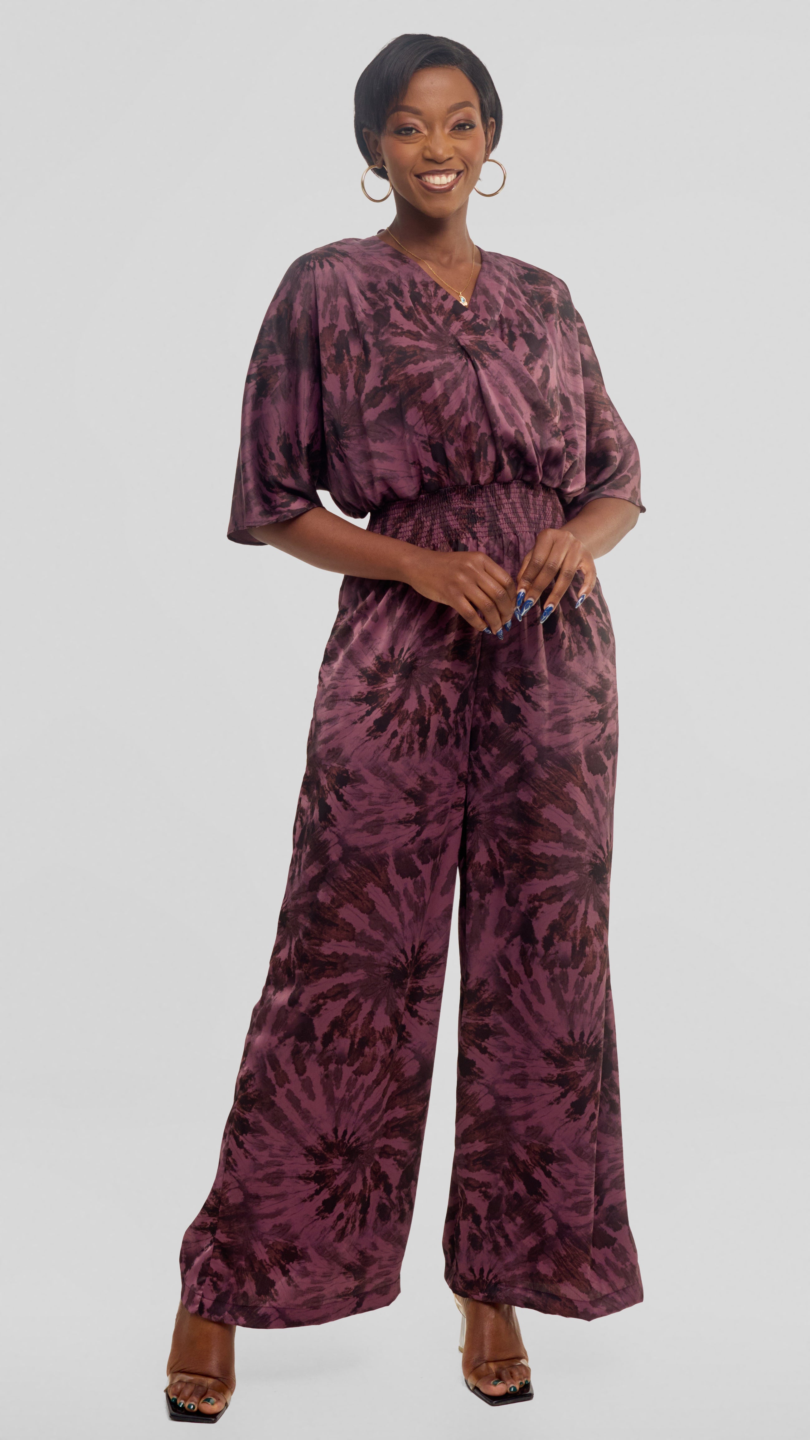 Vivo Iyana Shirred Waist Jumpsuit in Textured Satin - Rose Pink / Brown Print