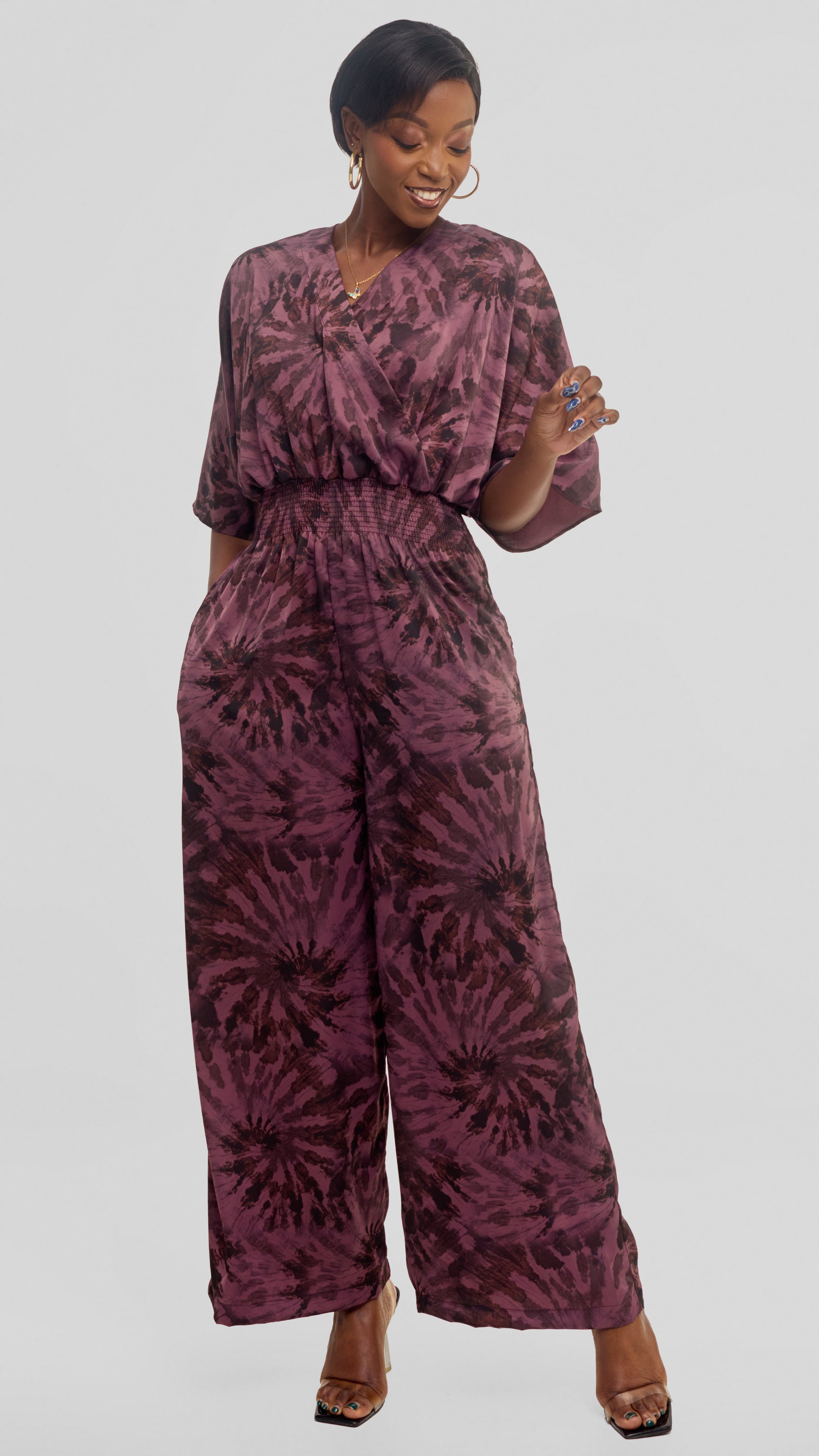 Vivo Iyana Shirred Waist Jumpsuit in Textured Satin - Rose Pink / Brown Print