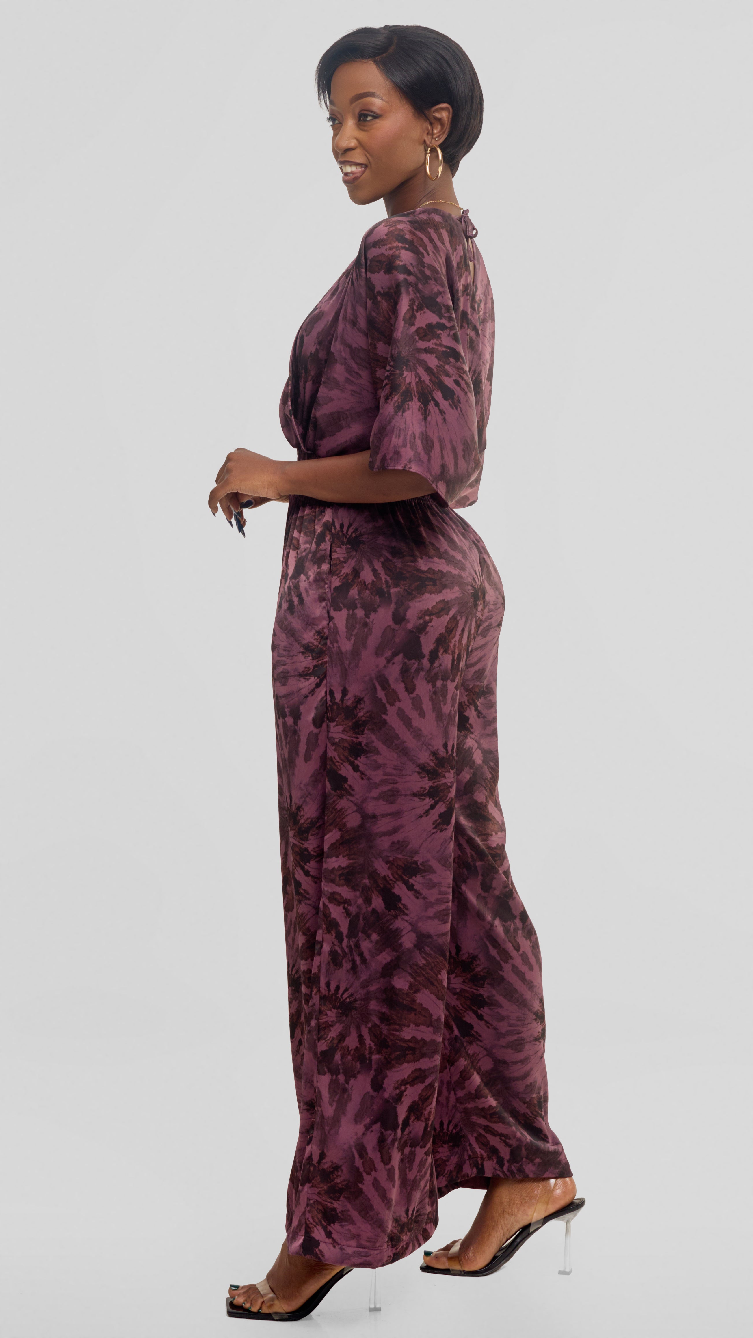 Vivo Iyana Shirred Waist Jumpsuit in Textured Satin - Rose Pink / Brown Print