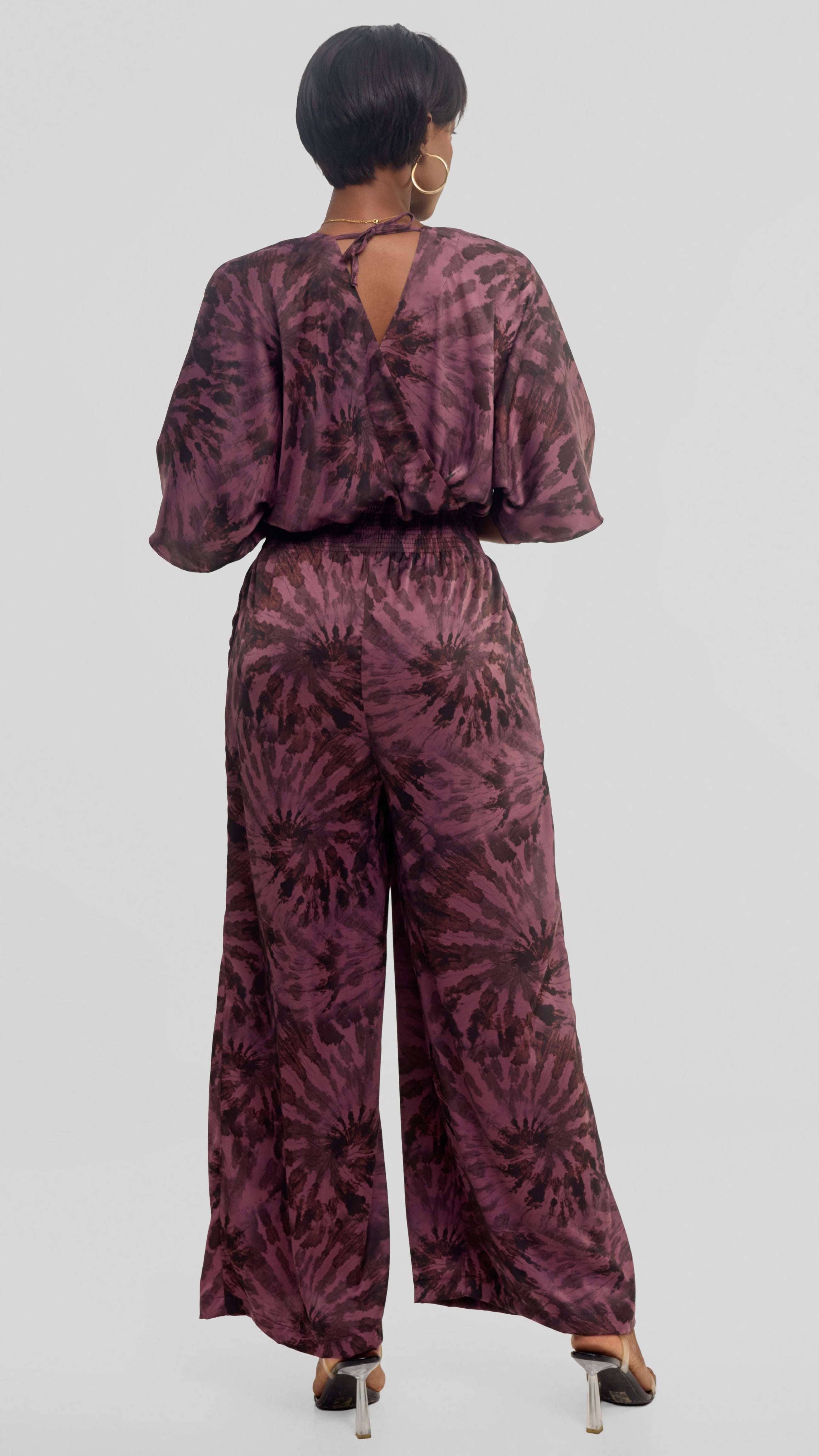 Vivo Iyana Shirred Waist Jumpsuit in Textured Satin - Rose Pink / Brown Print