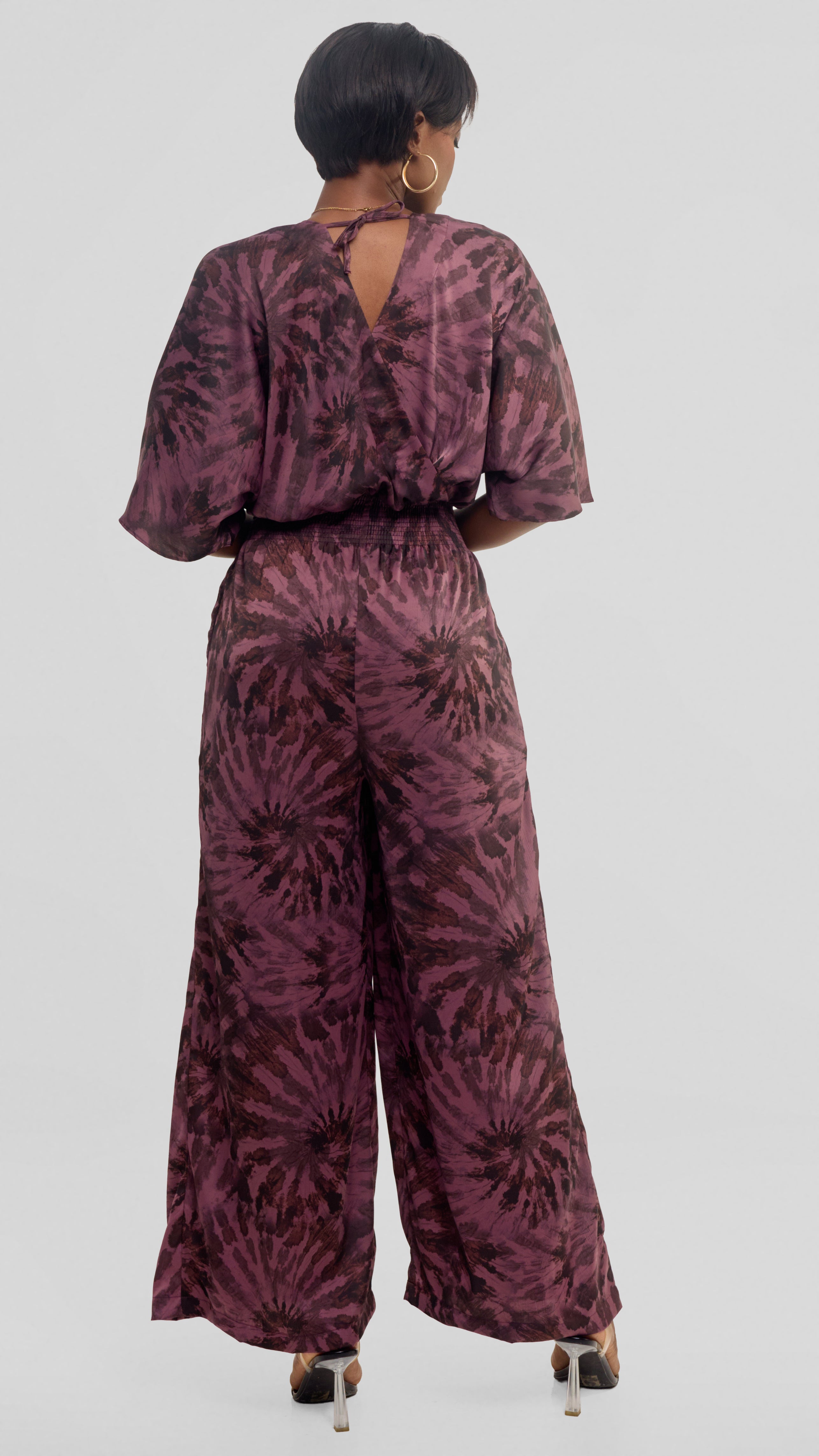 Vivo Iyana Shirred Waist Jumpsuit in Textured Satin - Rose Pink / Brown Print