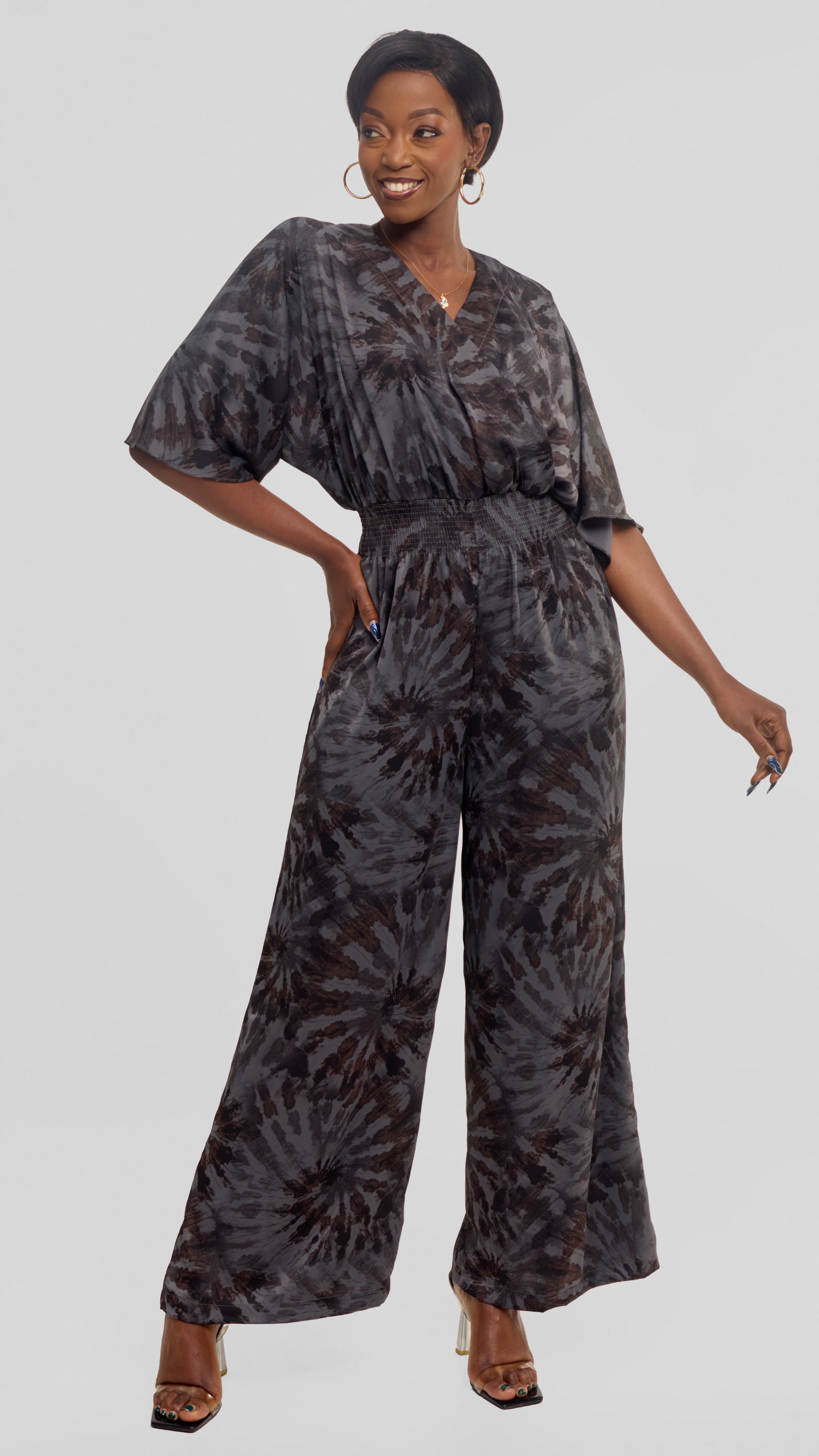 Vivo Iyana Shirred Waist Jumpsuit in Textured Satin - Grey  / Brown Print