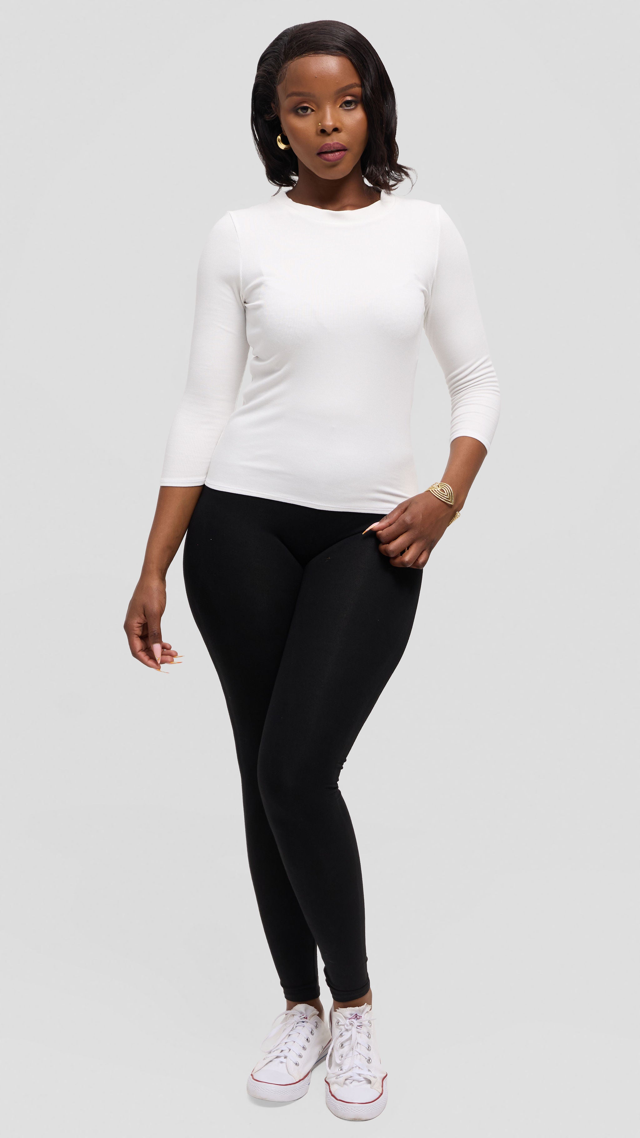Vivo 3/4 Sleeve Crew Neck Top in Rib - Off White