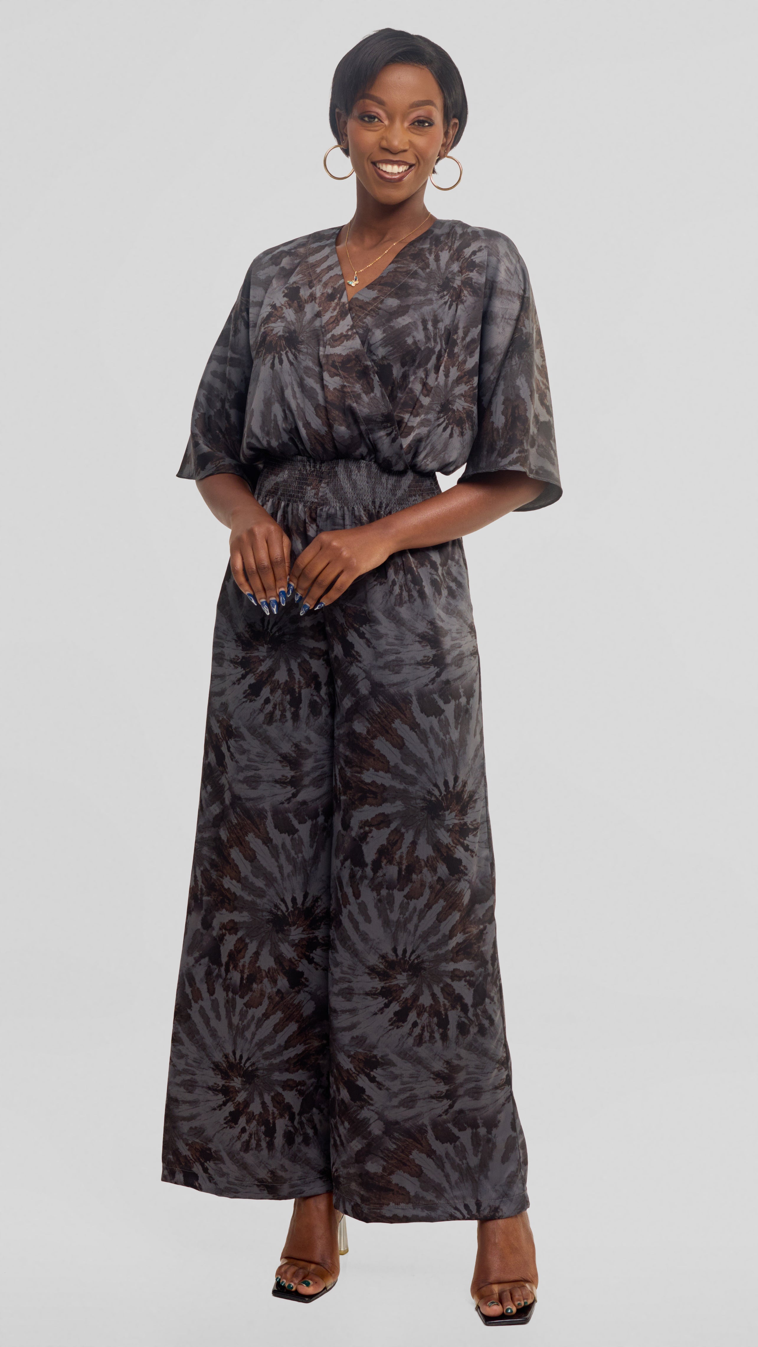 Vivo Iyana Shirred Waist Jumpsuit in Textured Satin - Grey  / Brown Print