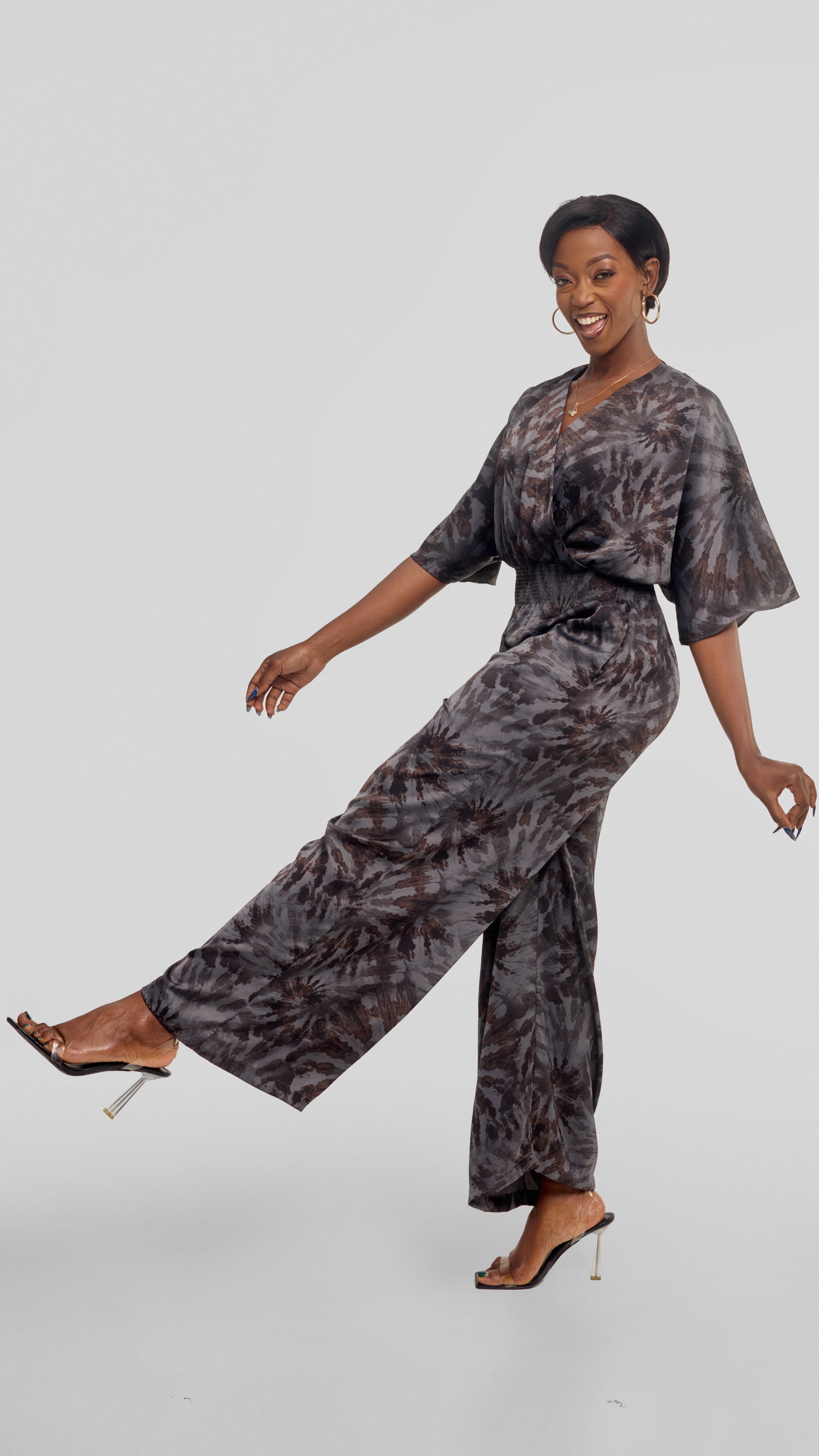 Vivo Iyana Shirred Waist Jumpsuit in Textured Satin - Grey  / Brown Print