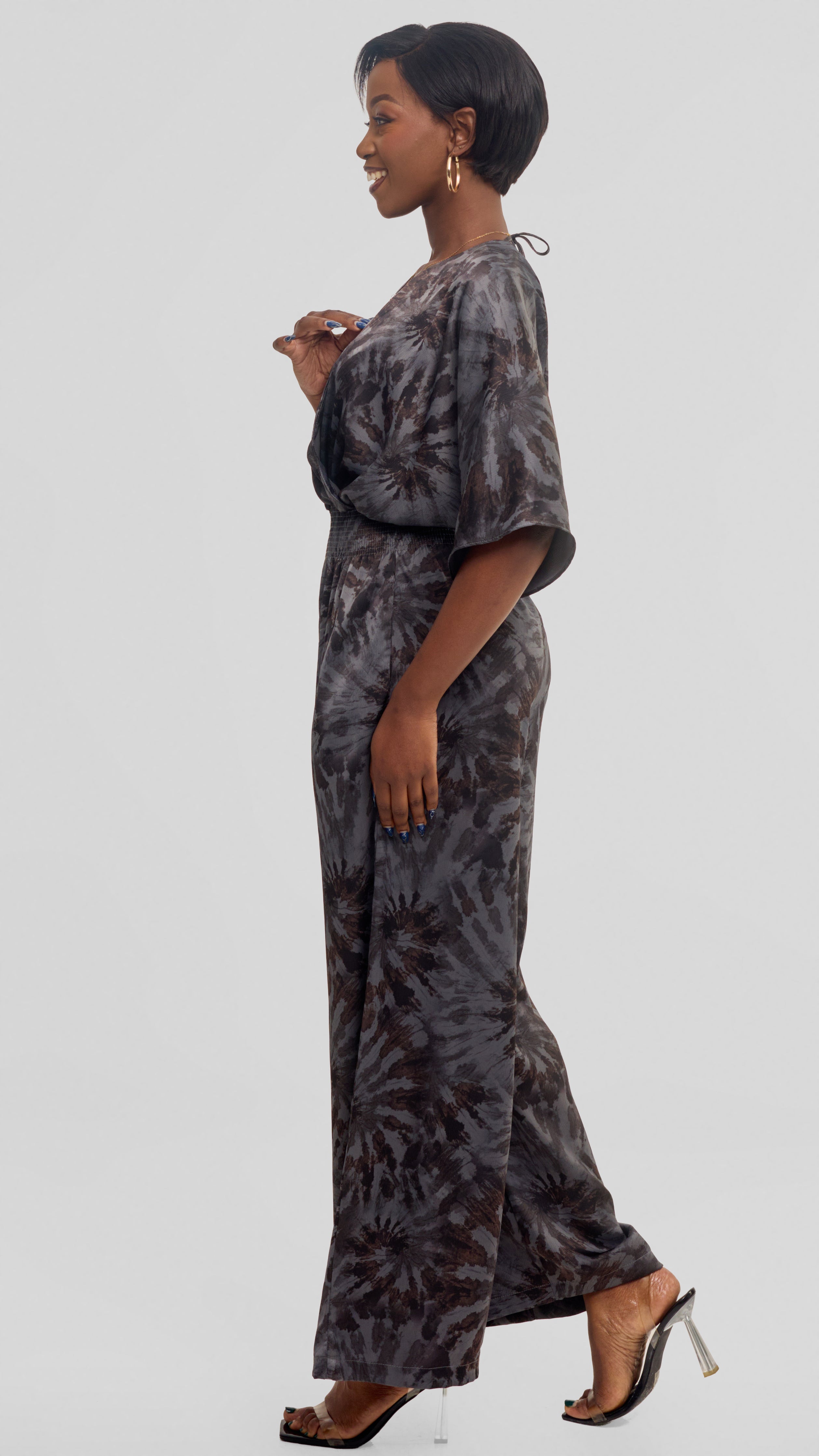 Vivo Iyana Shirred Waist Jumpsuit in Textured Satin - Grey  / Brown Print
