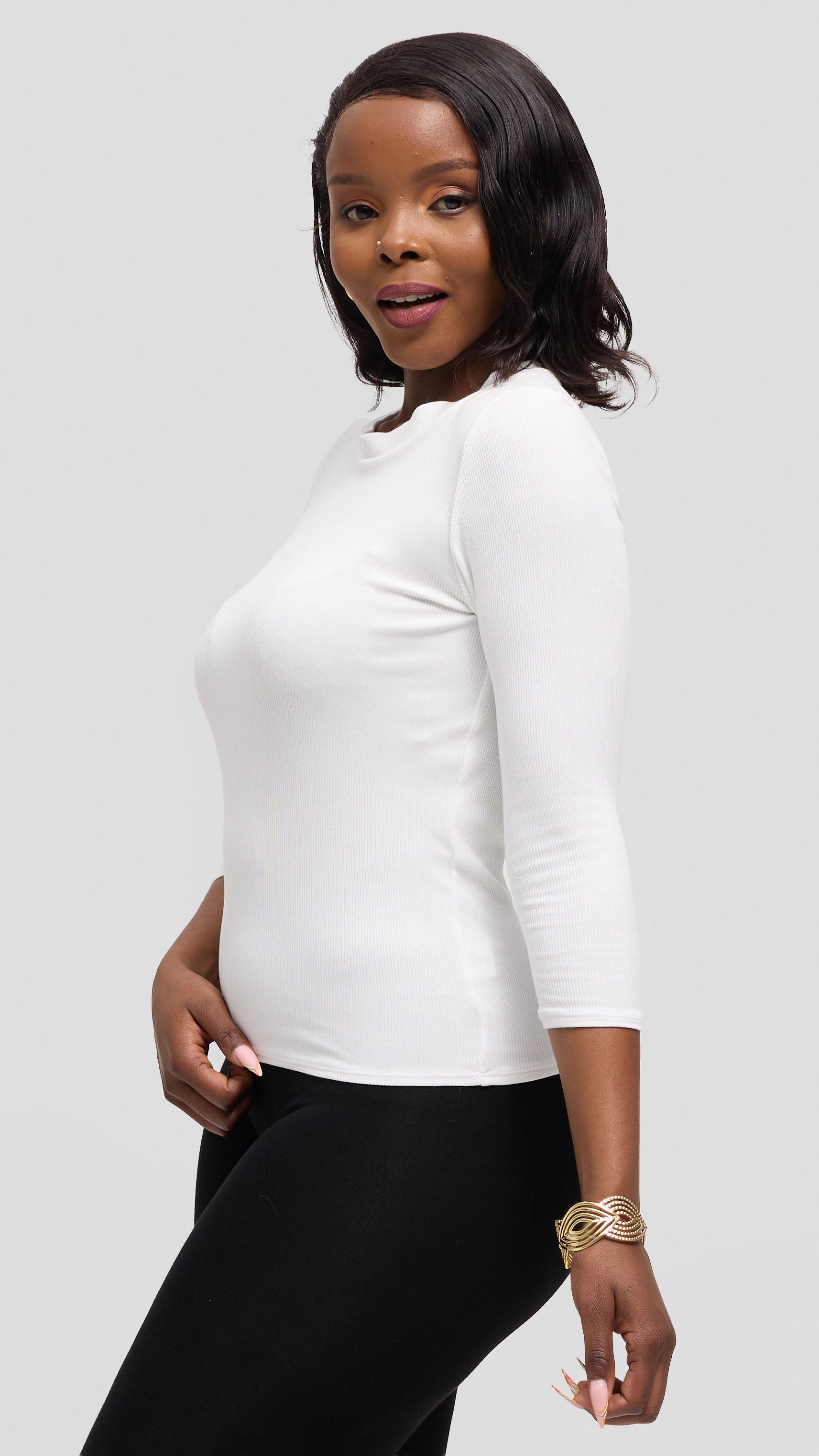 Vivo 3/4 Sleeve Crew Neck Top in Rib - Off White