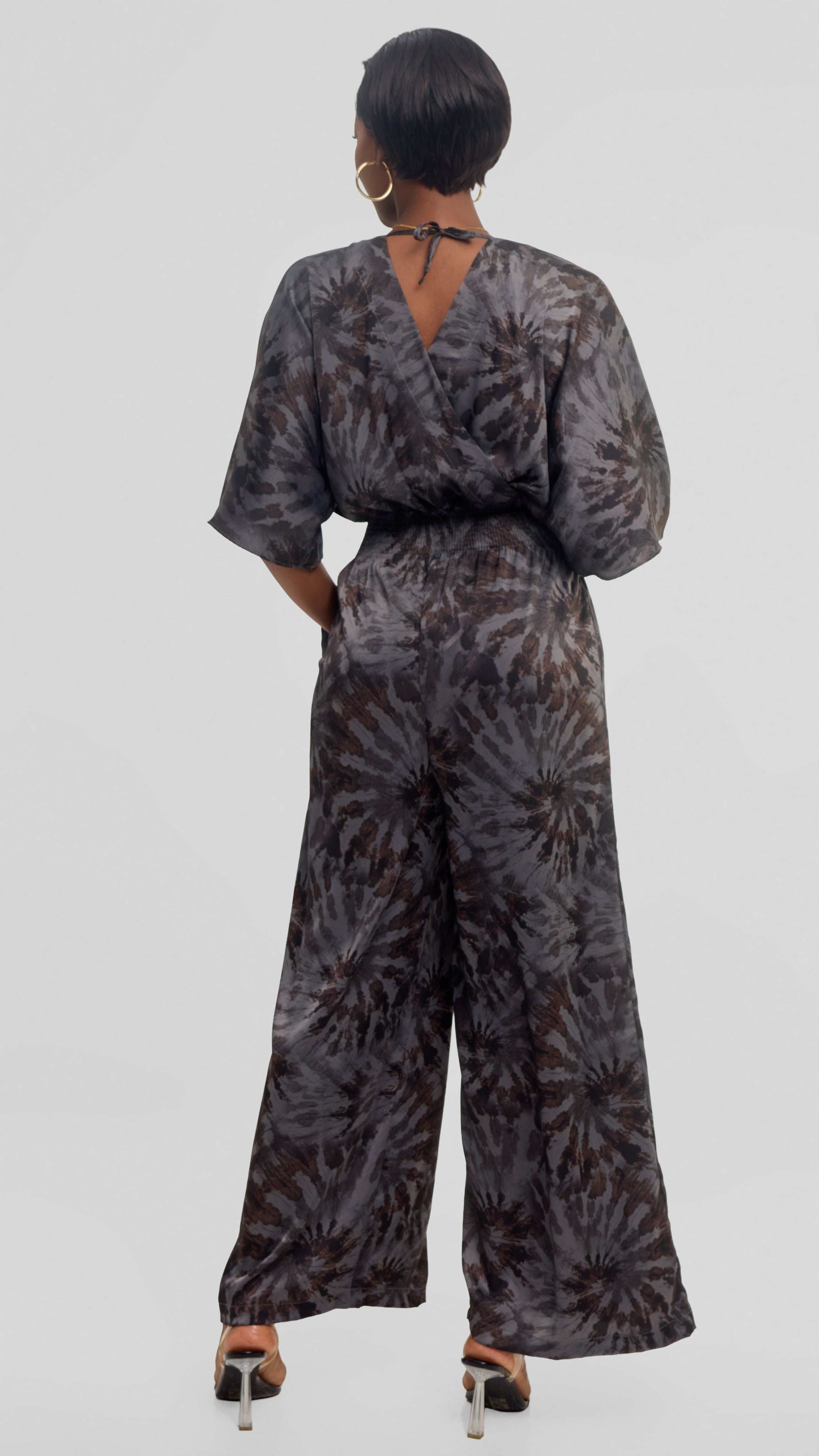 Vivo Iyana Shirred Waist Jumpsuit in Textured Satin - Grey  / Brown Print