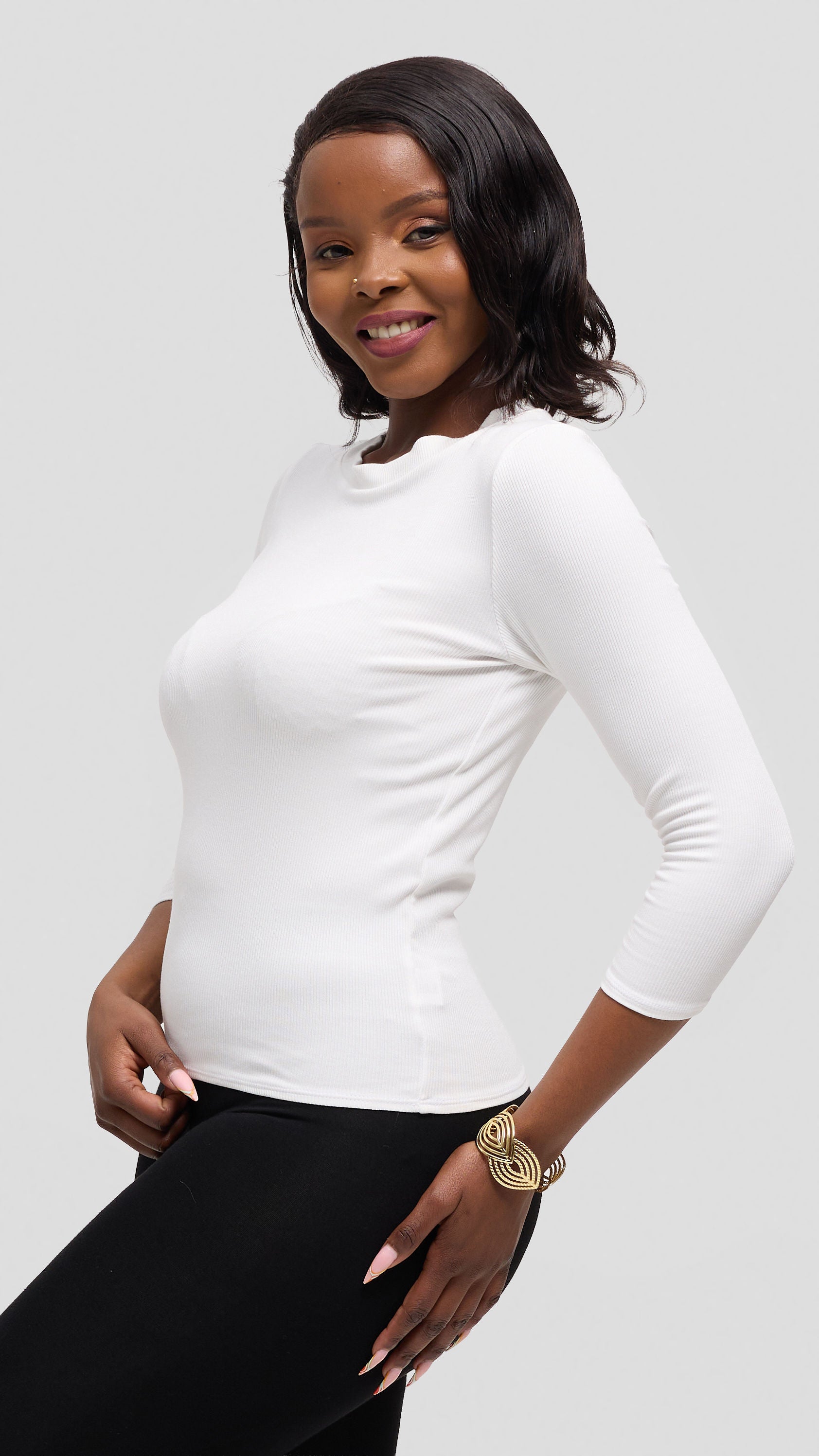 Vivo 3/4 Sleeve Crew Neck Top in Rib - Off White