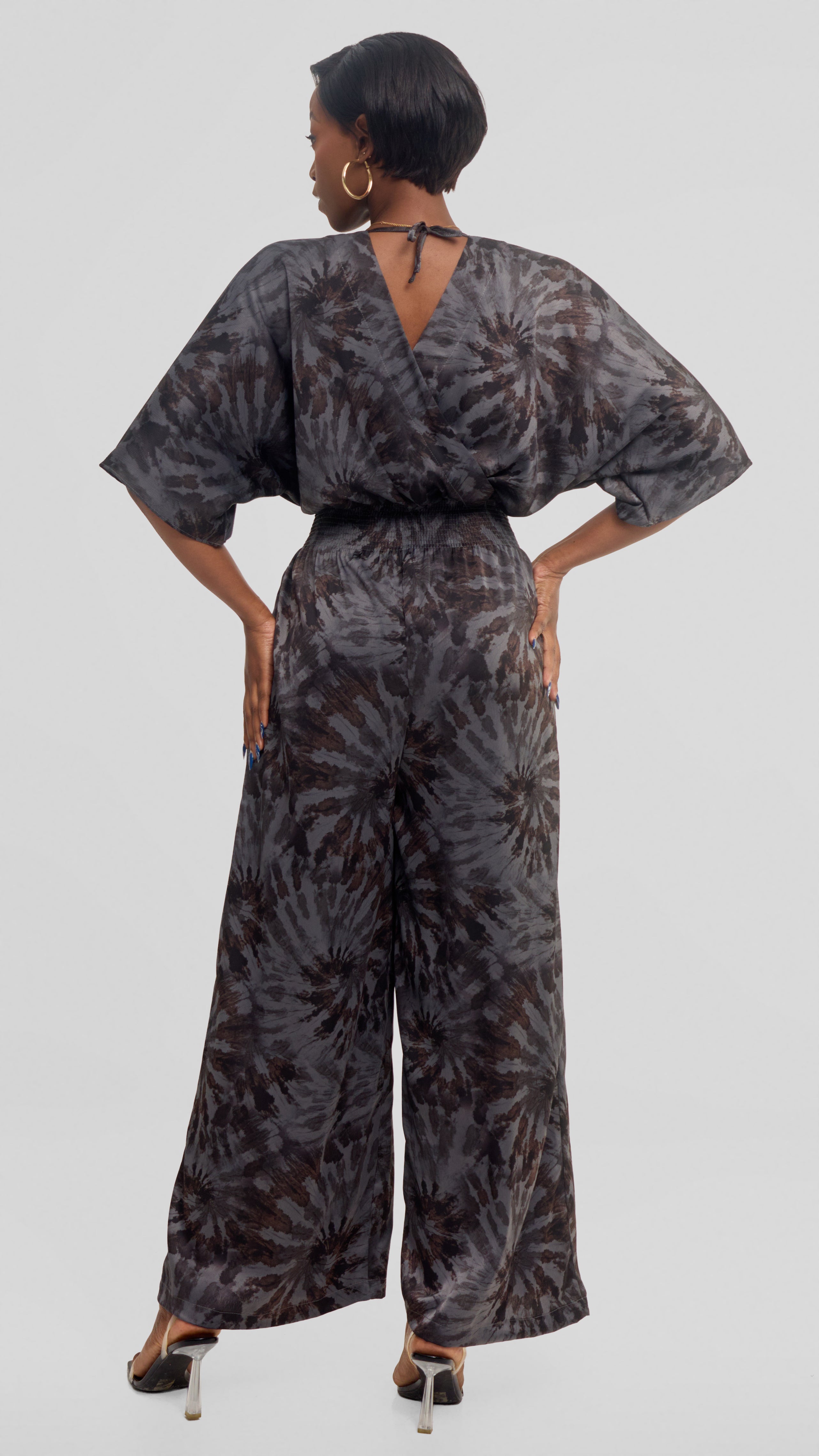 Vivo Iyana Shirred Waist Jumpsuit in Textured Satin - Grey  / Brown Print