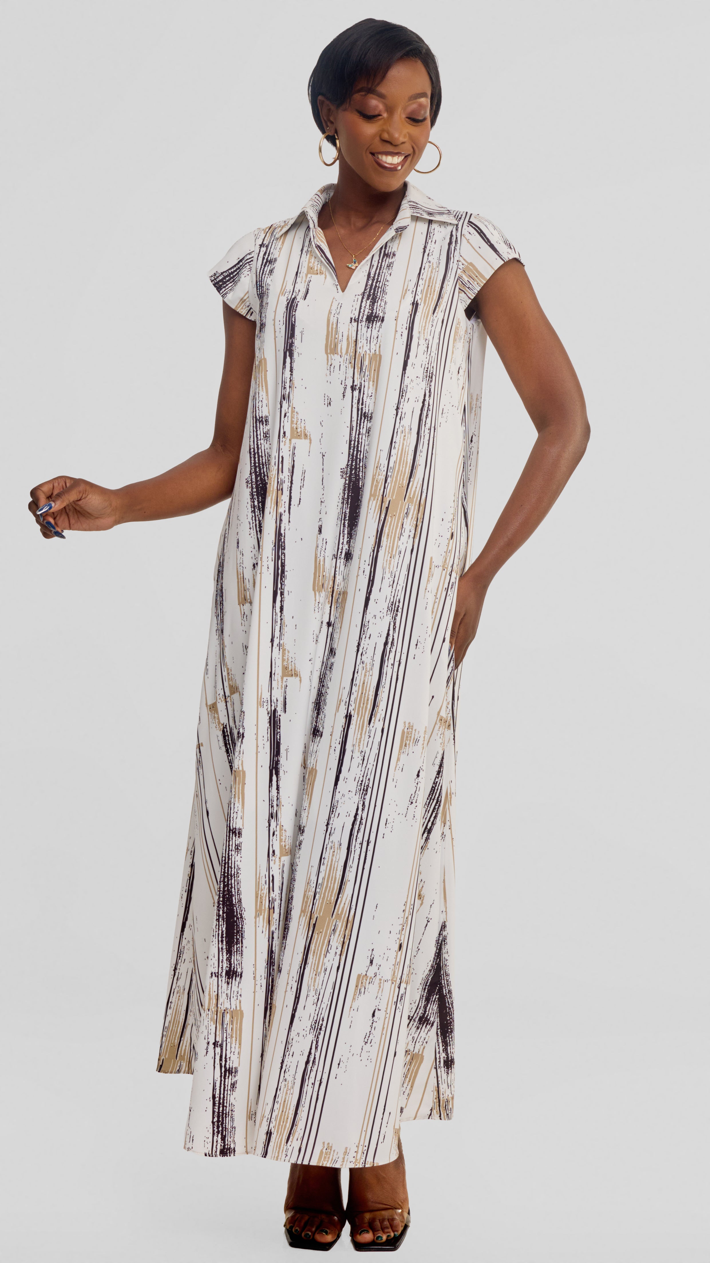 Vivo Zuri Cap Sleeve Maxi Dress in Crepe - Taupe / Brown Siolo Print