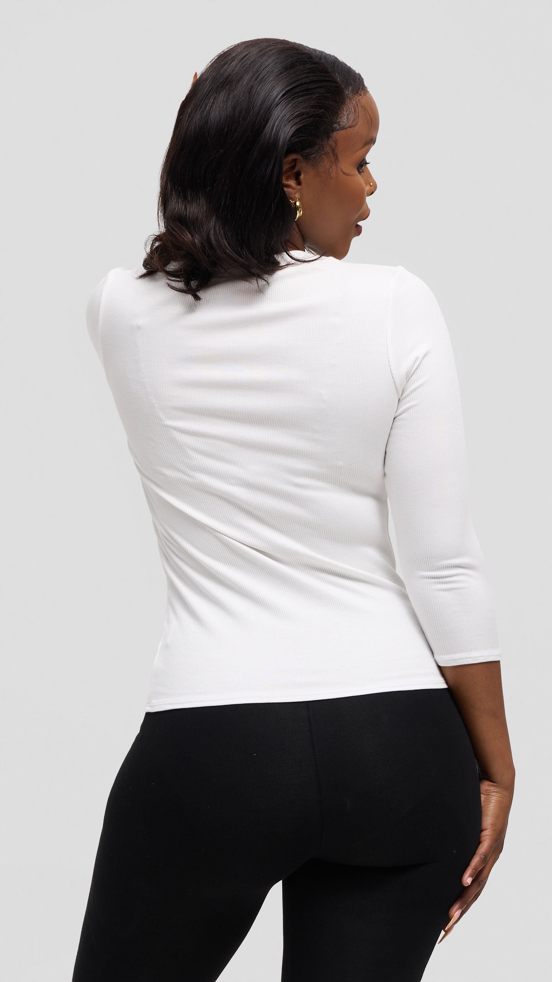 Vivo 3/4 Sleeve Crew Neck Top in Rib - Off White