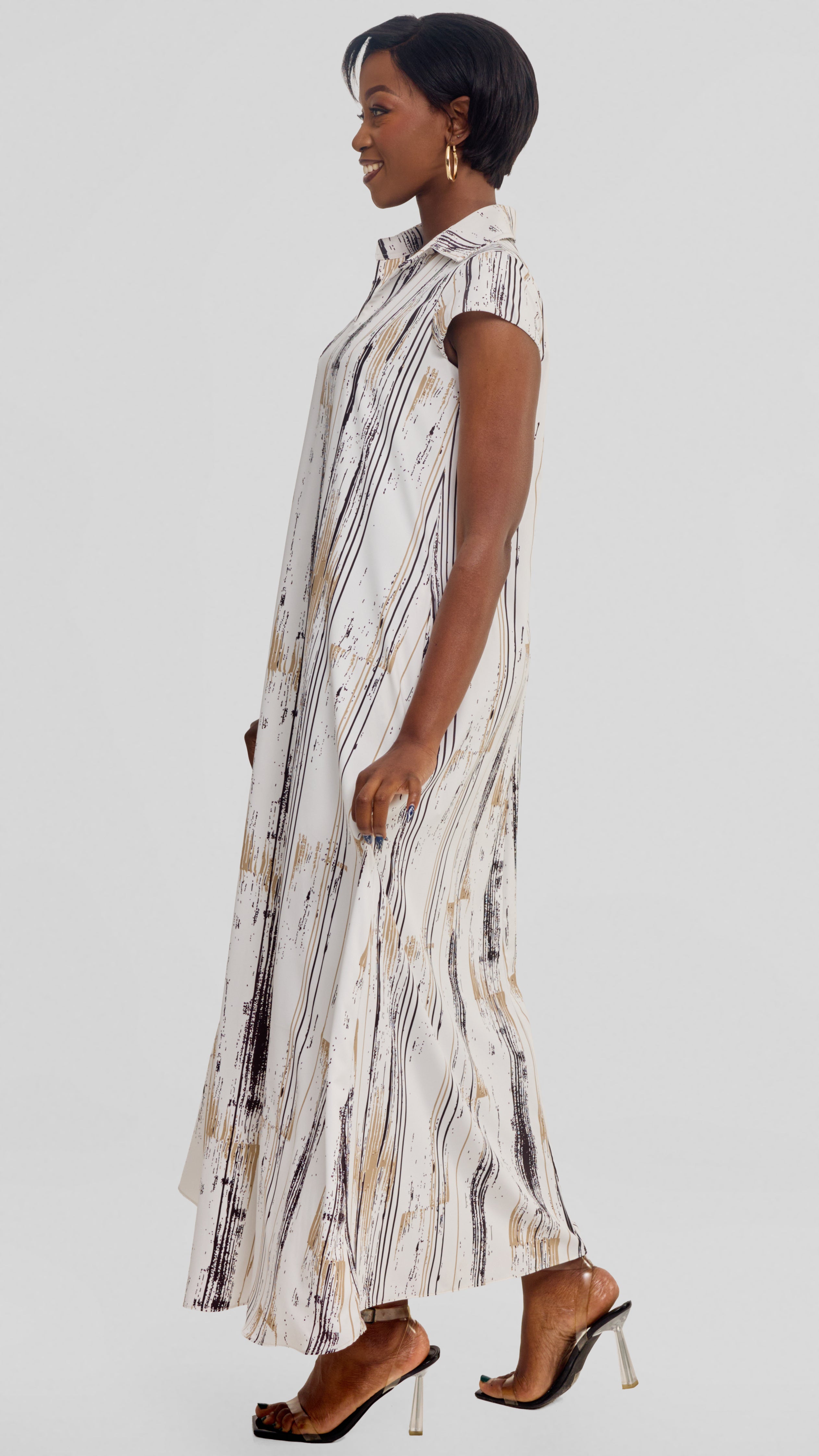Vivo Zuri Cap Sleeve Maxi Dress in Crepe - Taupe / Brown Siolo Print