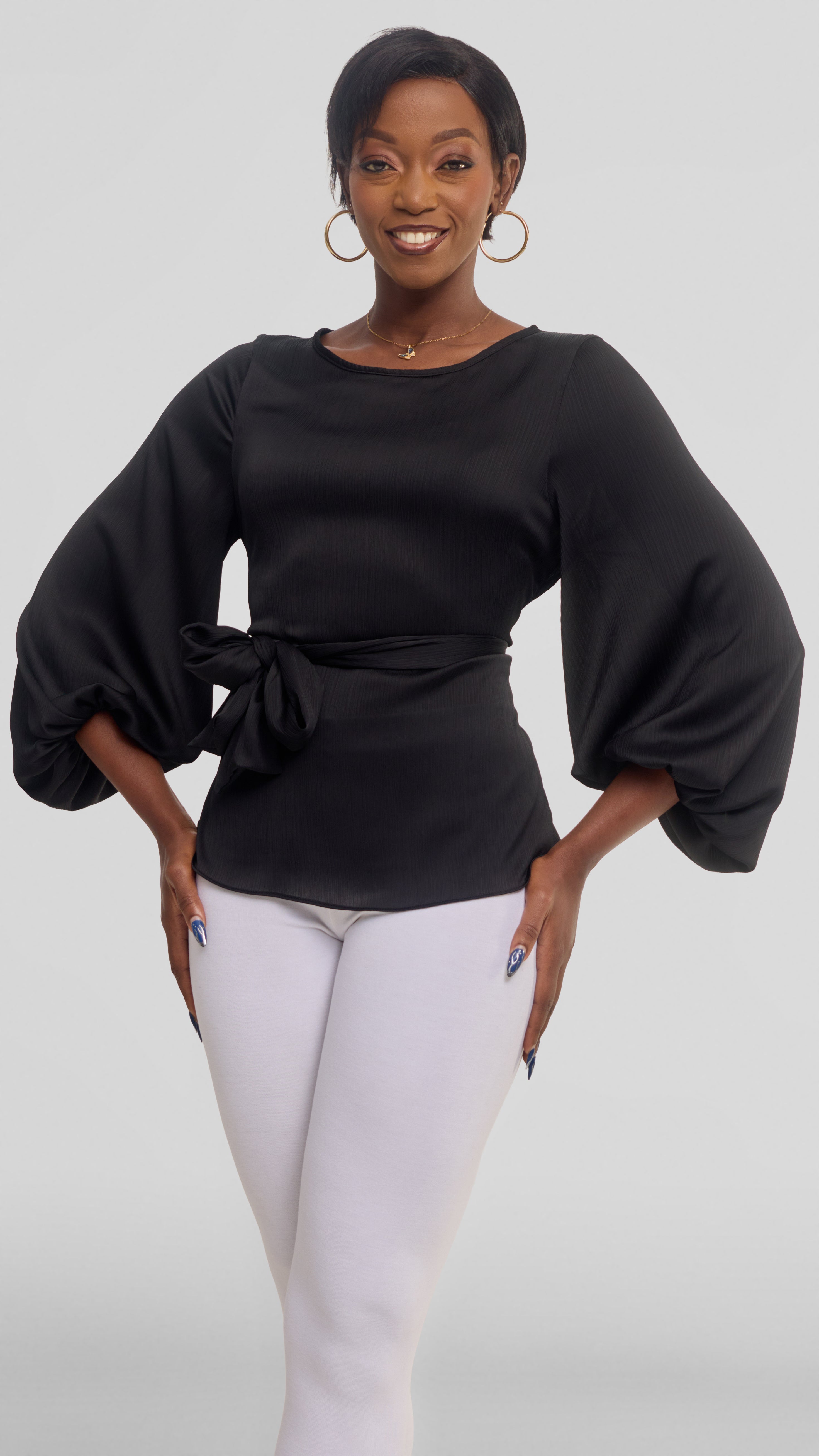 Vivo Izzy Bishop Sleeve Top in Textured Satin - Black