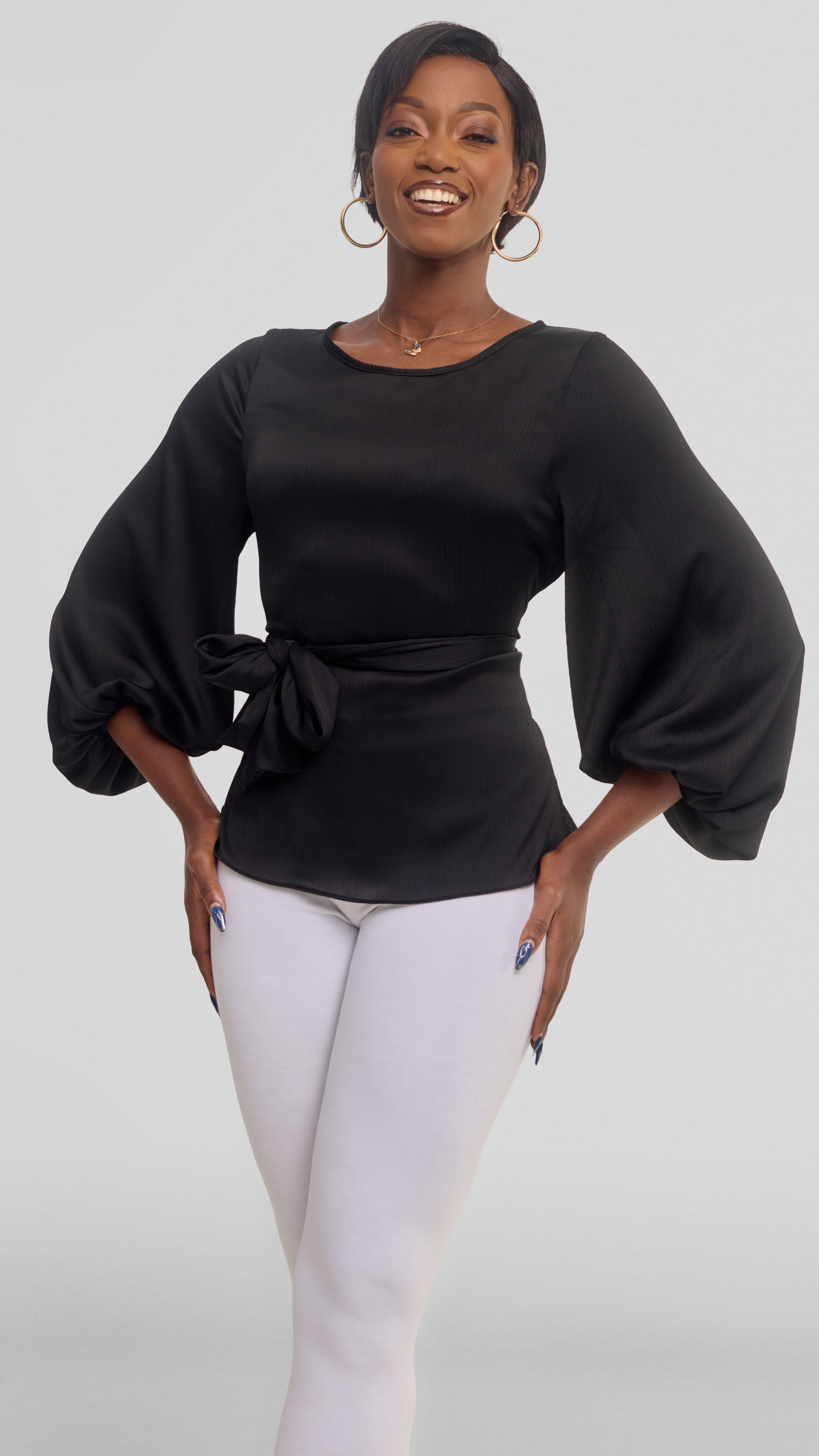 Vivo Izzy Bishop Sleeve Top in Textured Satin - Black