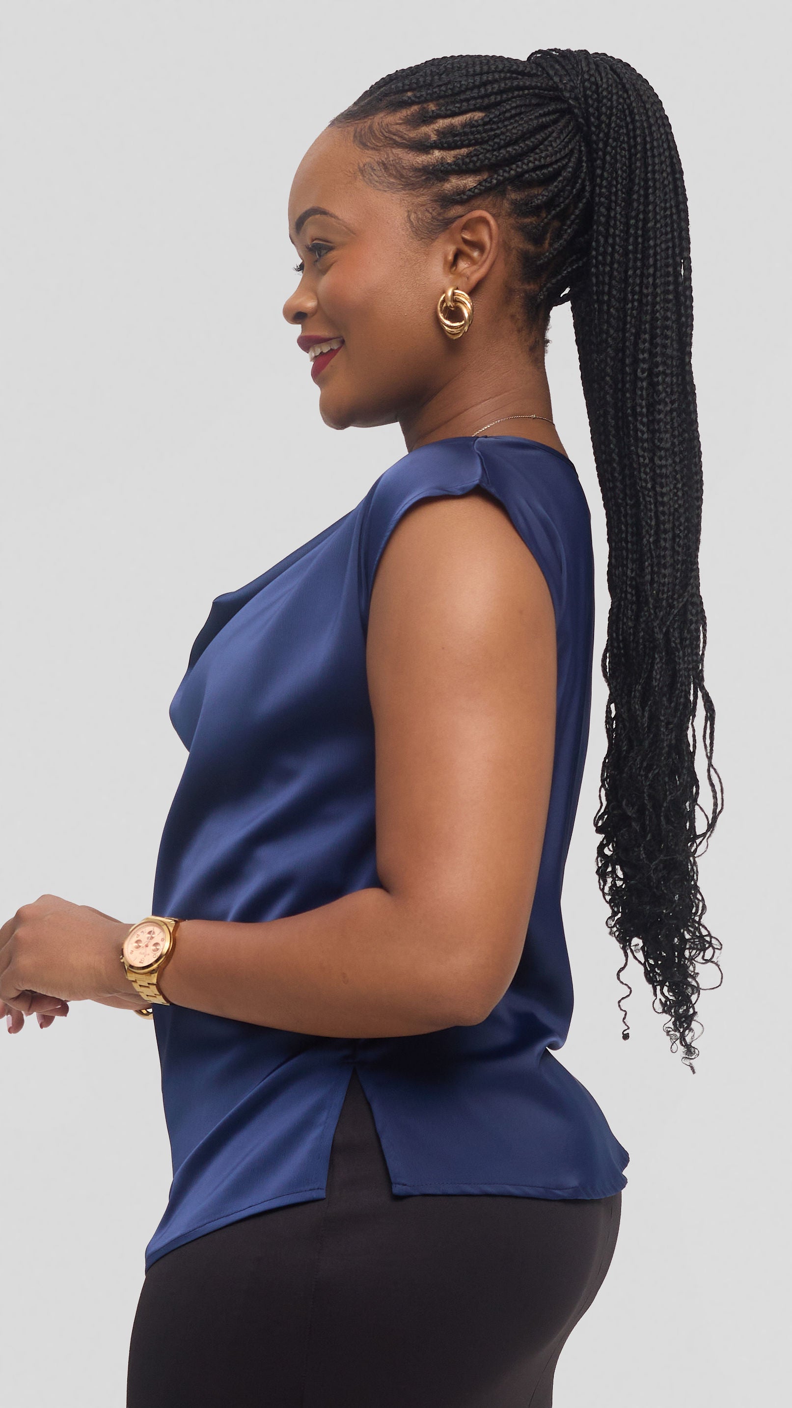 Vivo Drop Shoulder Cowl Top in Satin - Navy Blue