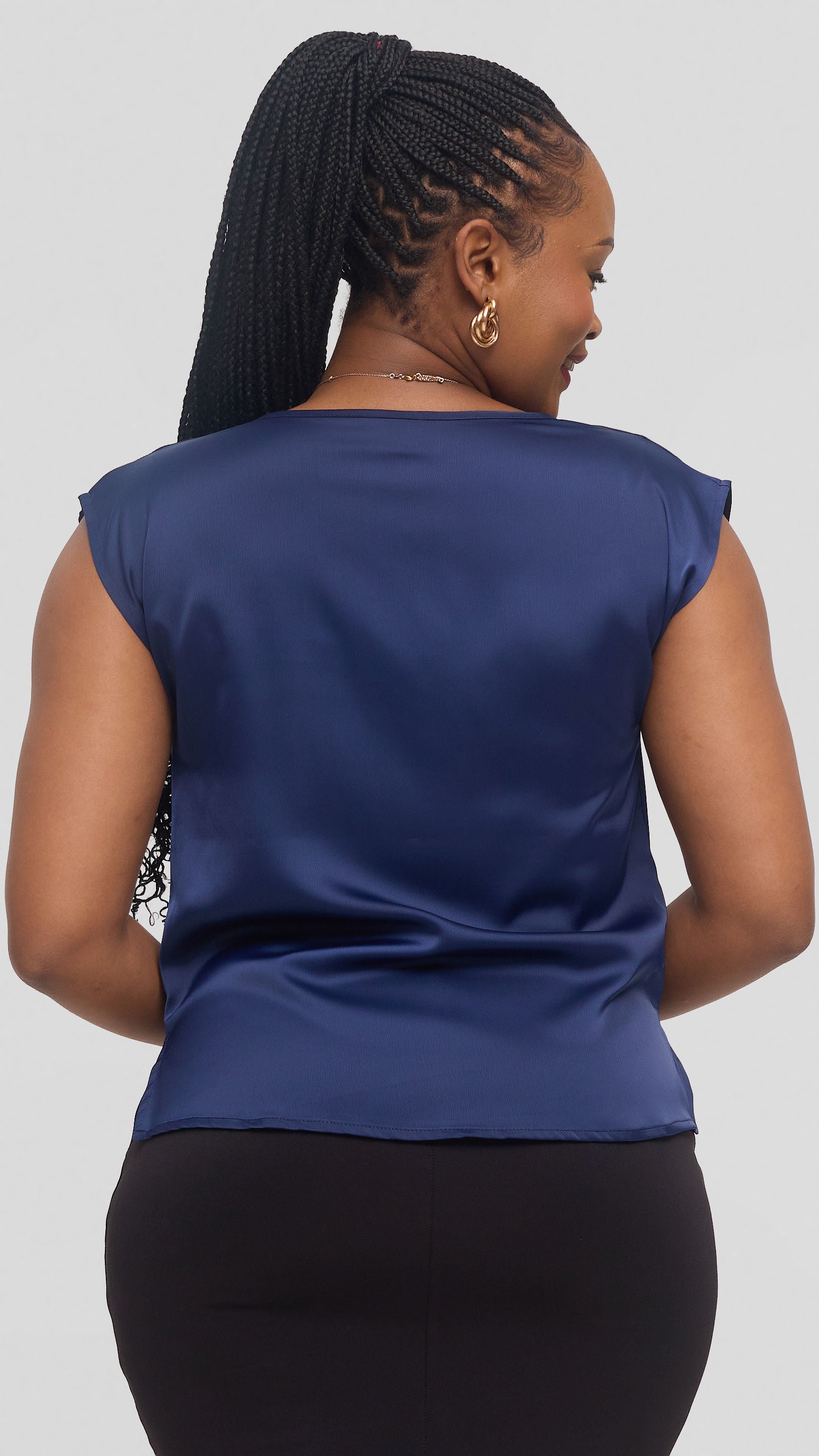 Vivo Drop Shoulder Cowl Top in Satin - Navy Blue